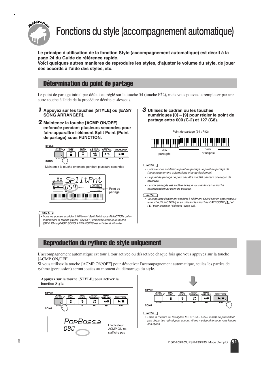 Fonctions du style (accompagnement automatique), Détermination du point de partage, Reproduction du rythme de style uniquement | Fonctions du style (accompagnement automatique) 51, Splitpnt, Popbossa | Yamaha PORTATONE PSR-295 User Manual | Page 51 / 98
