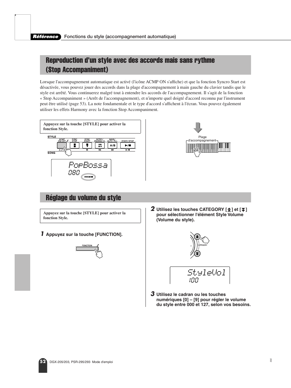 Réglage du volume du style, Reproduction d'un style avec des accords mais, Sans rythme (stop accompaniment) | Popbossa, Stylevol | Yamaha PORTATONE PSR-295 User Manual | Page 52 / 98