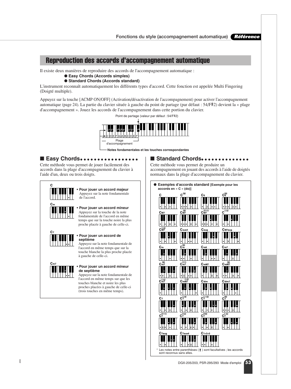 N easy chords, N standard chords, Reproduction des accords d'accompagnement | Automatique, Easy chords, Standard chords | Yamaha PORTATONE PSR-295 User Manual | Page 53 / 98