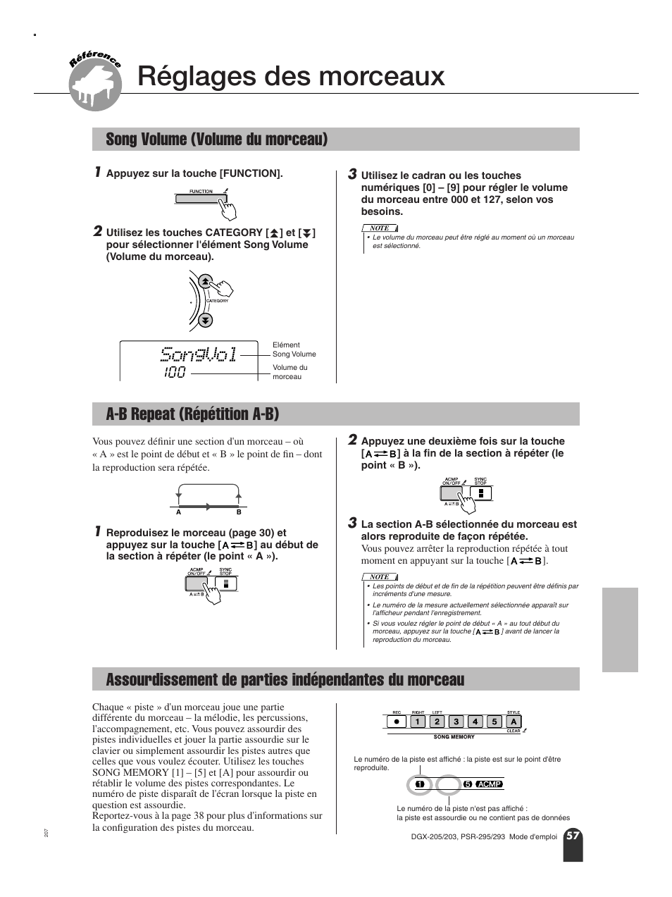Réglages des morceaux, Song volume (volume du morceau), A-b repeat (répétition a-b) | Songvol | Yamaha PORTATONE PSR-295 User Manual | Page 57 / 98