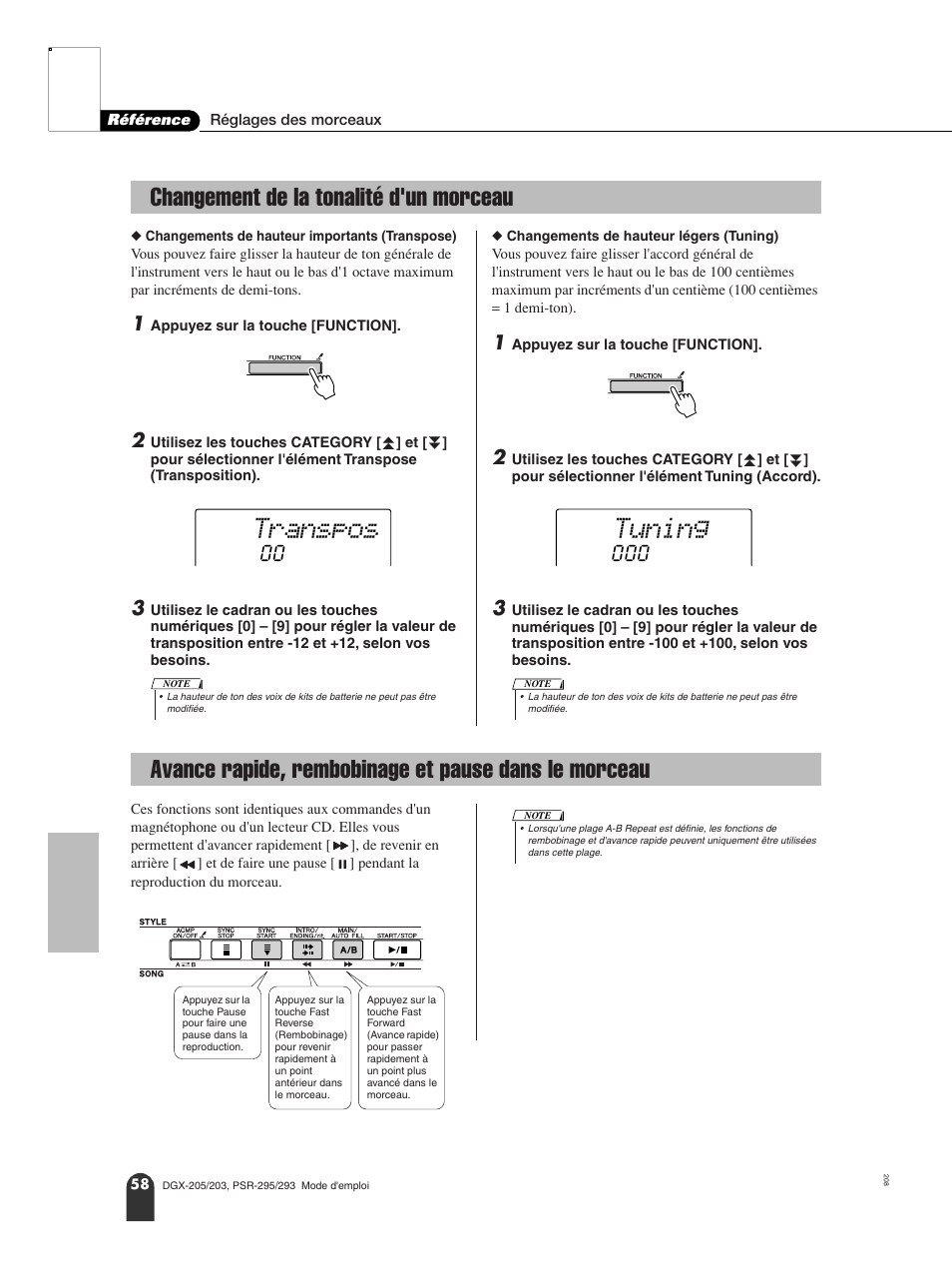 Changement de la tonalité d'un morceau, Transpos, Tuning | Yamaha PORTATONE PSR-295 User Manual | Page 58 / 98