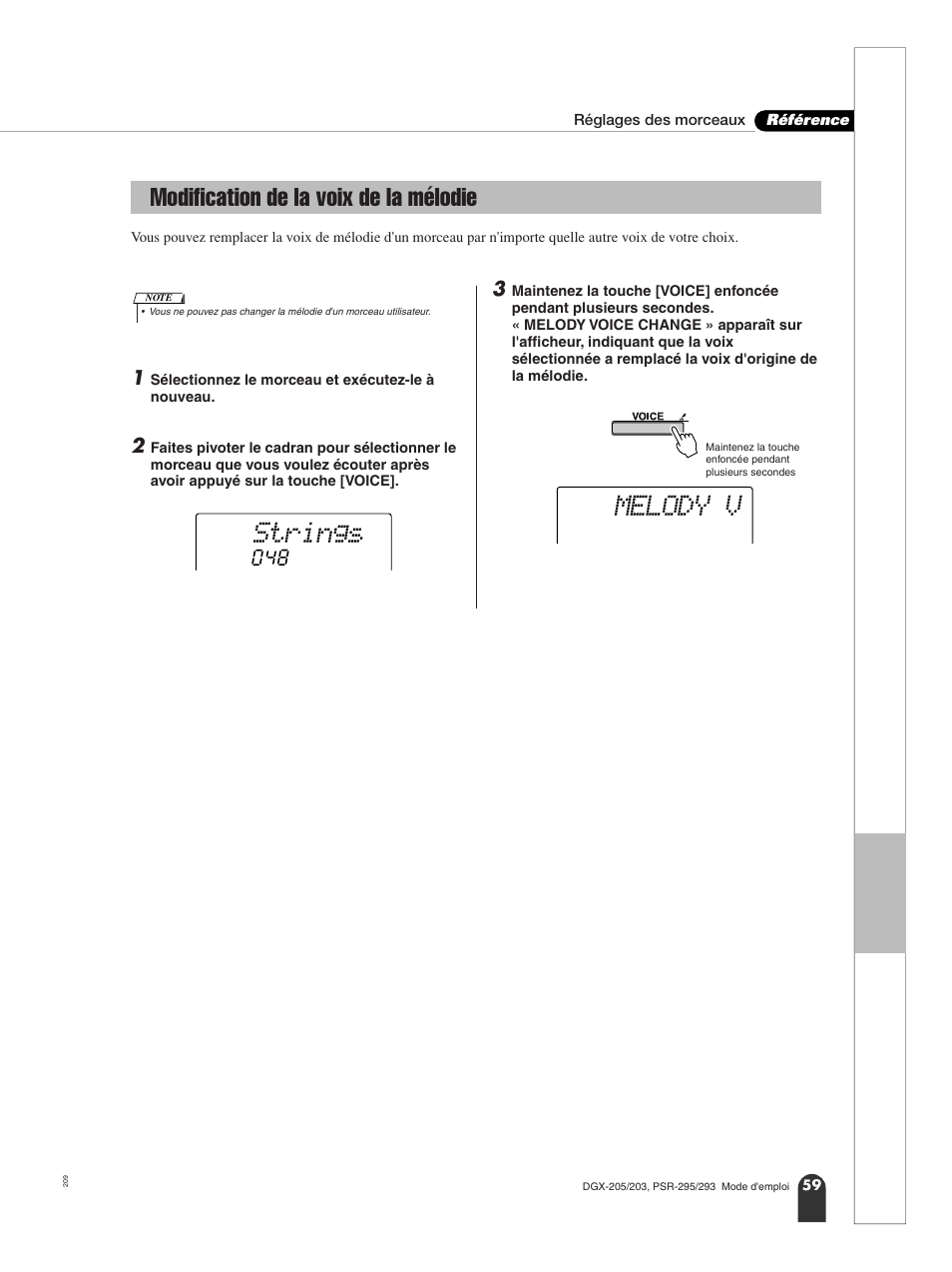 Modification de la voix de la mélodie, Strings, Melody v | Yamaha PORTATONE PSR-295 User Manual | Page 59 / 98