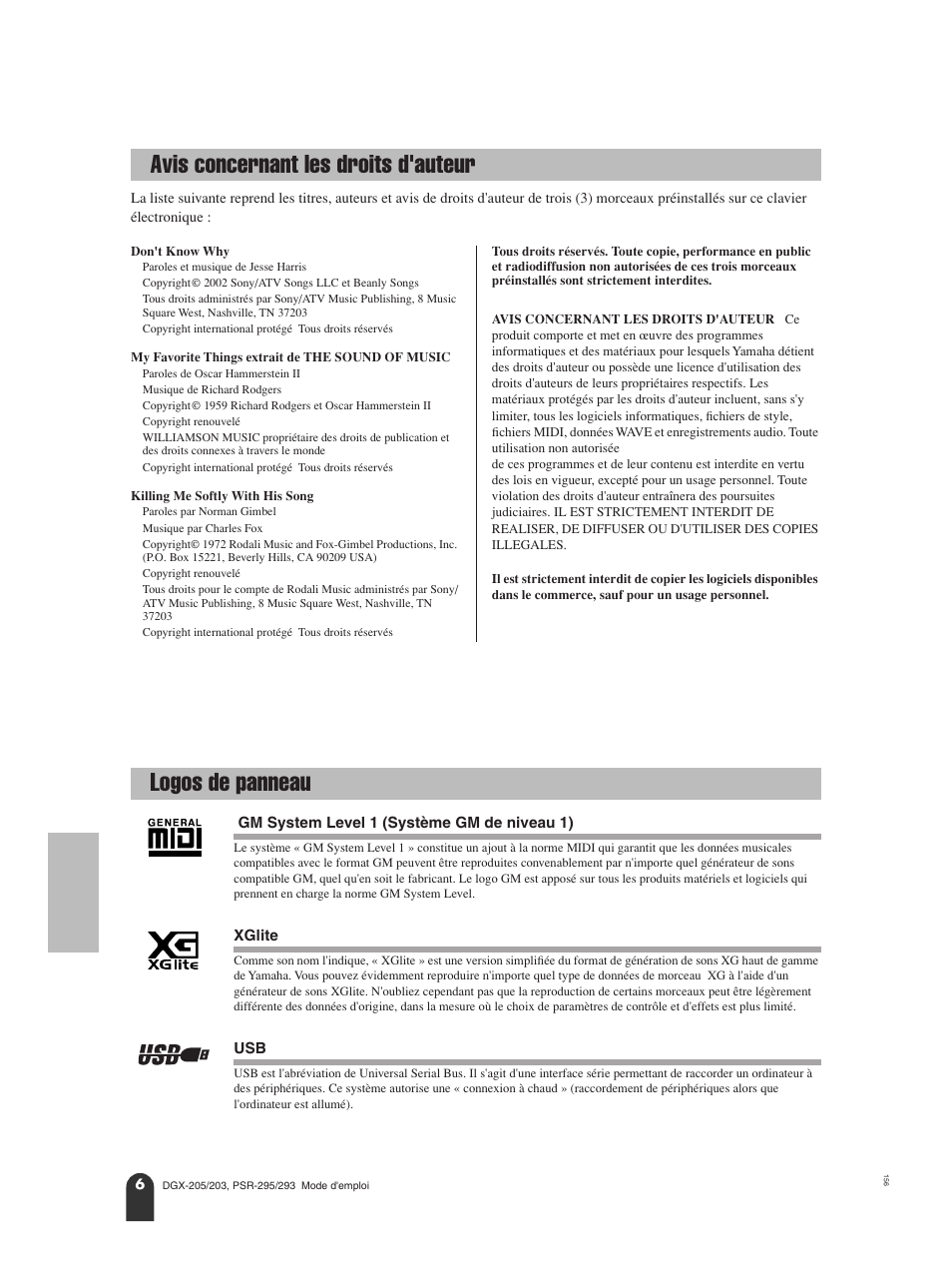 Avis concernant les droits d'auteur, Logos de panneau | Yamaha PORTATONE PSR-295 User Manual | Page 6 / 98