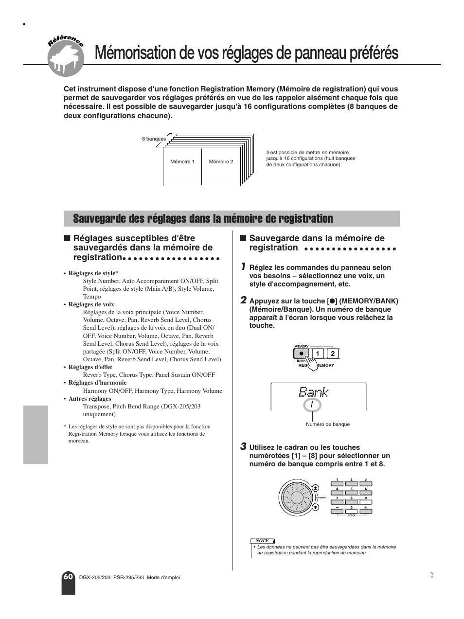 Mémorisation de vos réglages de panneau préférés, N sauvegarde dans la mémoire de registration, Bank | Sauvegarde dans la mémoire de registration | Yamaha PORTATONE PSR-295 User Manual | Page 60 / 98