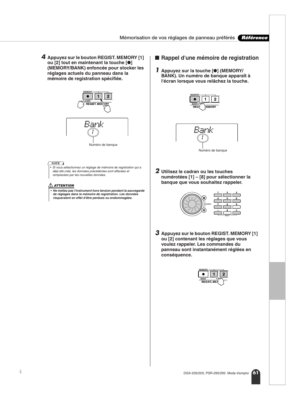 N rappel d'une mémoire de registration, Bank, Rappel d'une mémoire de registration | Yamaha PORTATONE PSR-295 User Manual | Page 61 / 98