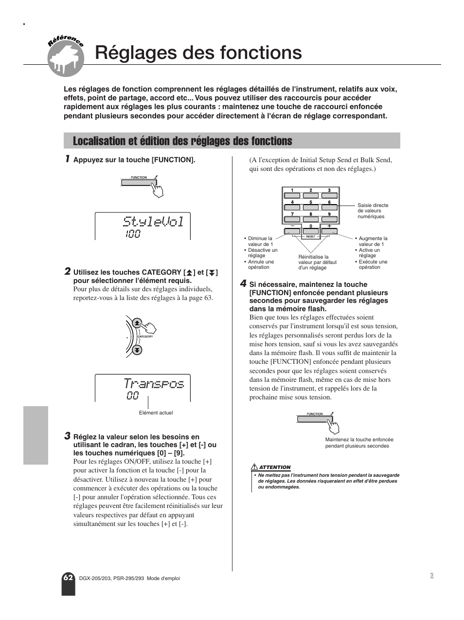 Réglages des fonctions, Localisation et édition des réglages des fonctions, Stylevol | Transpos | Yamaha PORTATONE PSR-295 User Manual | Page 62 / 98