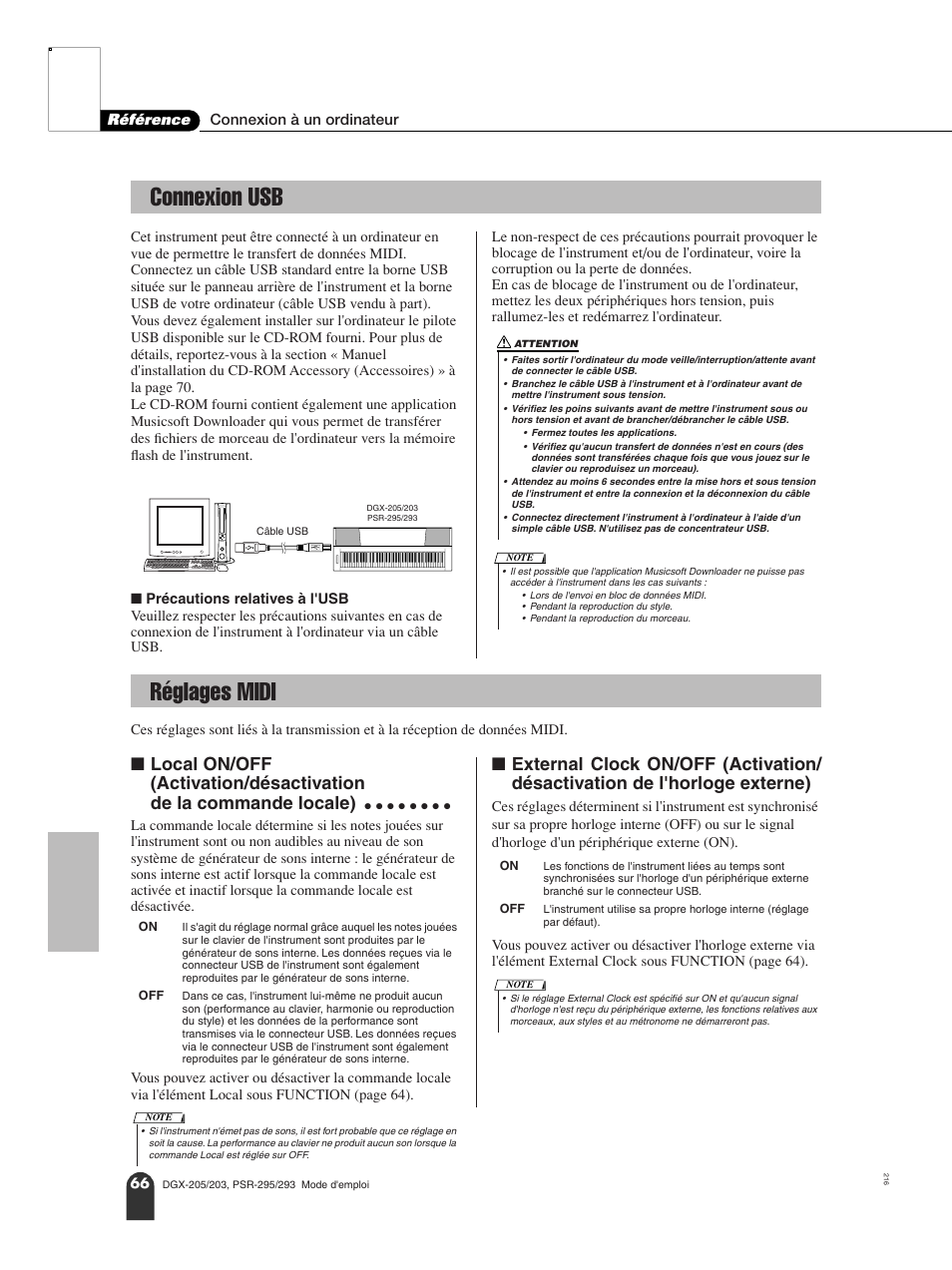 Connexion usb, Réglages midi, Connexion usb réglages midi | Yamaha PORTATONE PSR-295 User Manual | Page 66 / 98