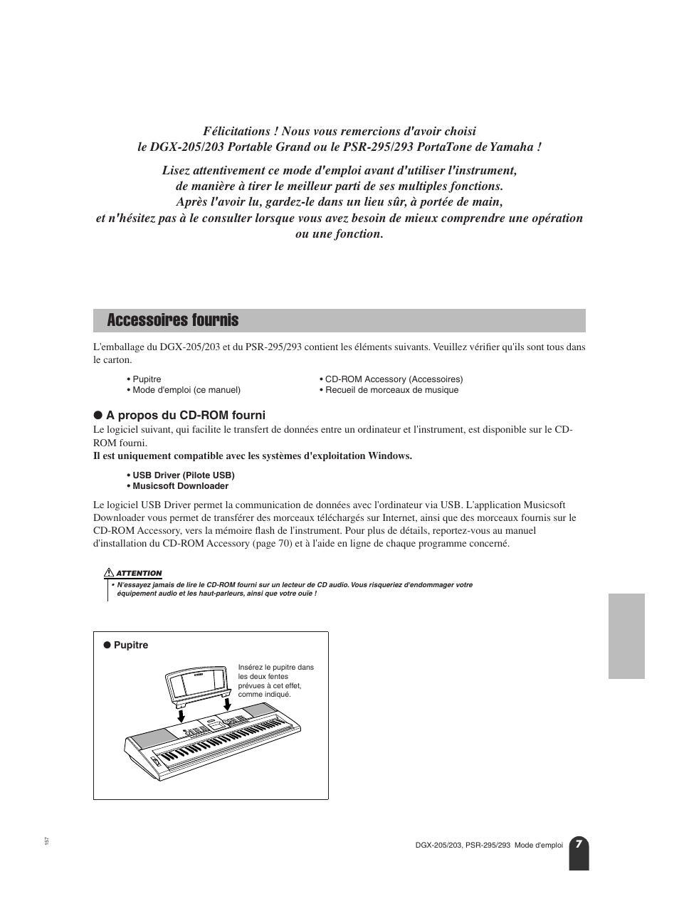 Accessoires fournis | Yamaha PORTATONE PSR-295 User Manual | Page 7 / 98