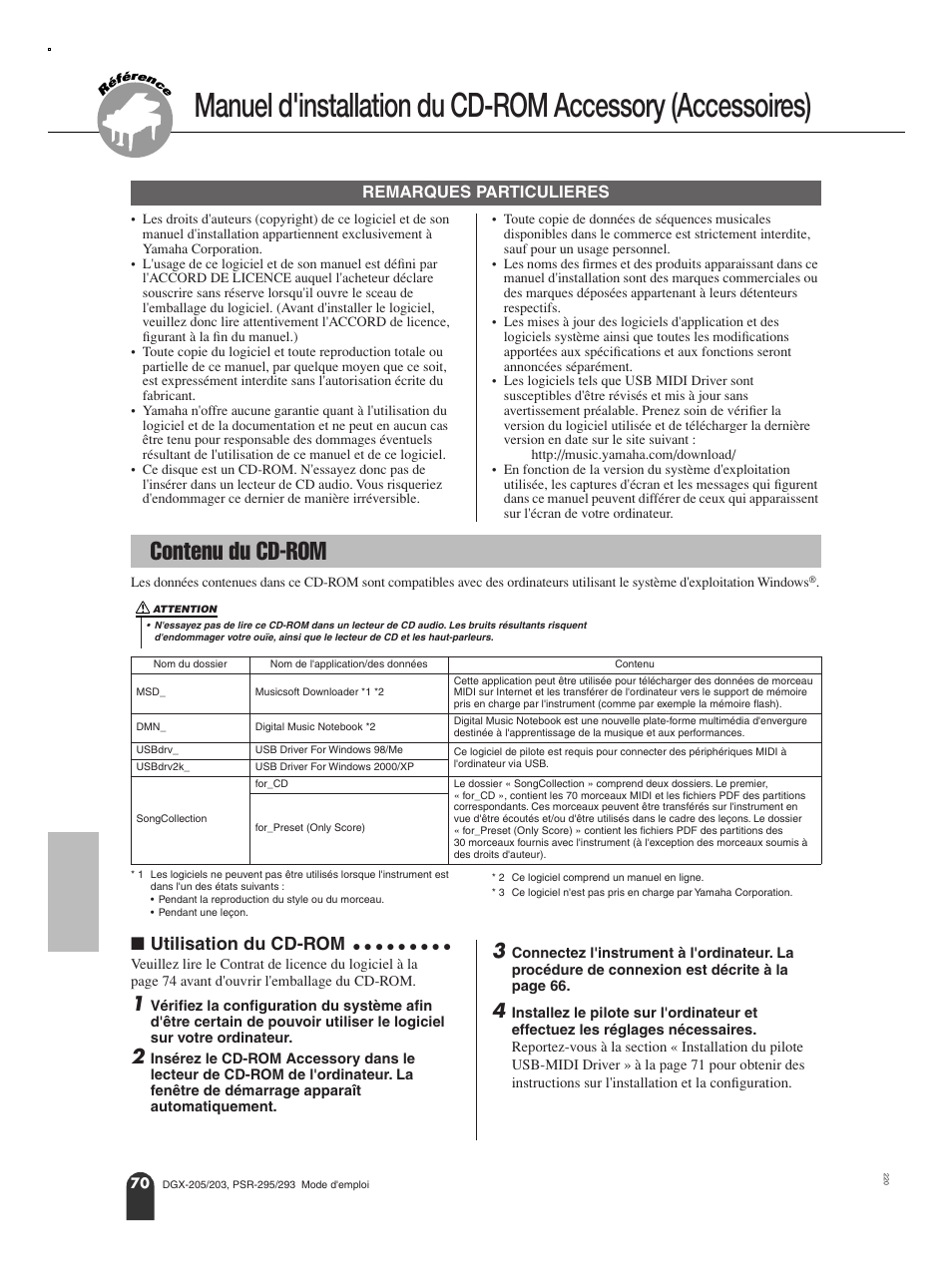 Remarques particulieres, Contenu du cd-rom, N utilisation du cd-rom | Manuel d'installation du cd-rom accessory, Accessoires), Utilisation du cd-rom | Yamaha PORTATONE PSR-295 User Manual | Page 70 / 98