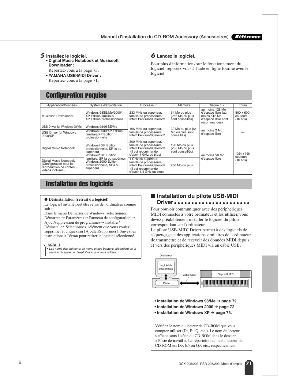 Configuration requise, Installation des logiciels, N installation du pilote usb-midi driver | Configuration requise installation des logiciels, 71 pour les détails sur, Installation du pilote usb-midi driver | Yamaha PORTATONE PSR-295 User Manual | Page 71 / 98