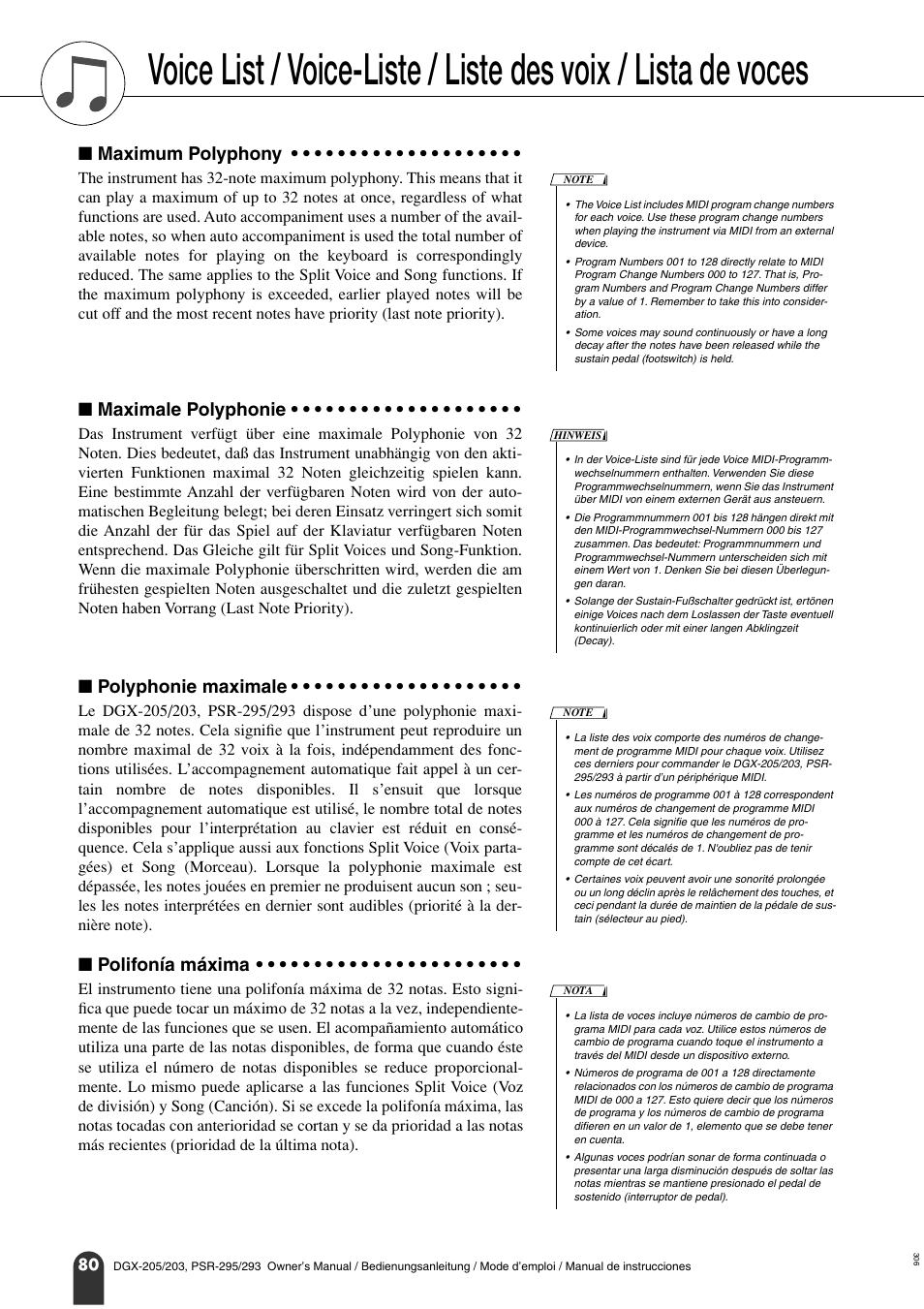 Liste des voix, Maximum polyphony, Maximale polyphonie | Polyphonie maximale, Polifonía máxima | Yamaha PORTATONE PSR-295 User Manual | Page 80 / 98