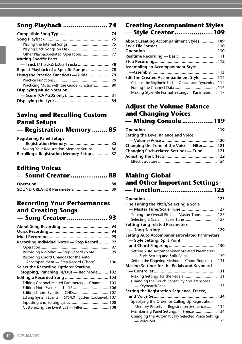 Song playback, Editing voices — sound creator, Creating accompaniment styles — style creator | Yamaha 205M  EN User Manual | Page 10 / 170