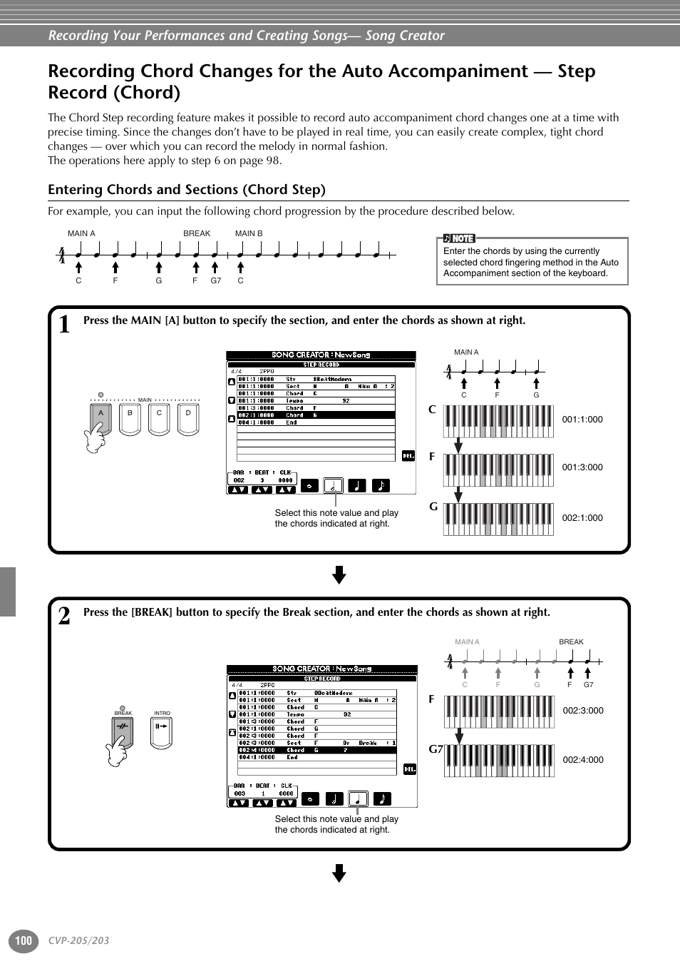 Entering chords and sections (chord step), Recording chord changes for the auto, Accompaniment — step record (chord) | Yamaha 205M  EN User Manual | Page 100 / 170