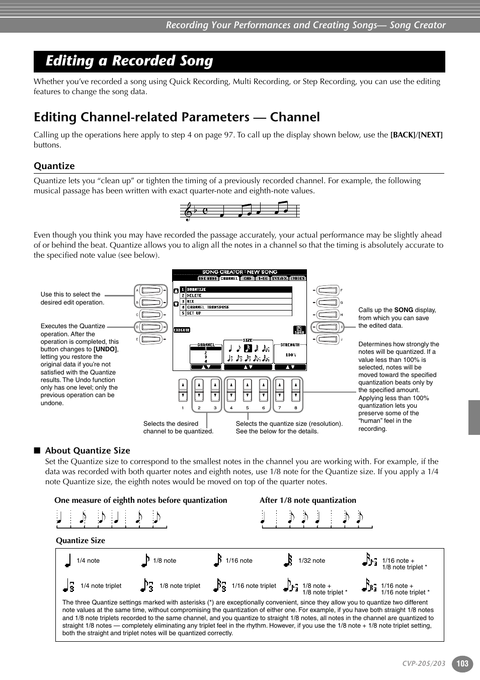 Editing a recorded song, Editing channel-related parameters — channel, Quantize | About quantize size | Yamaha 205M  EN User Manual | Page 103 / 170