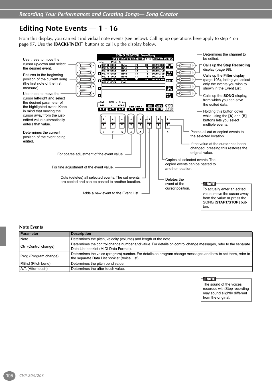 Editing note events — 1 - 16 | Yamaha 205M  EN User Manual | Page 106 / 170