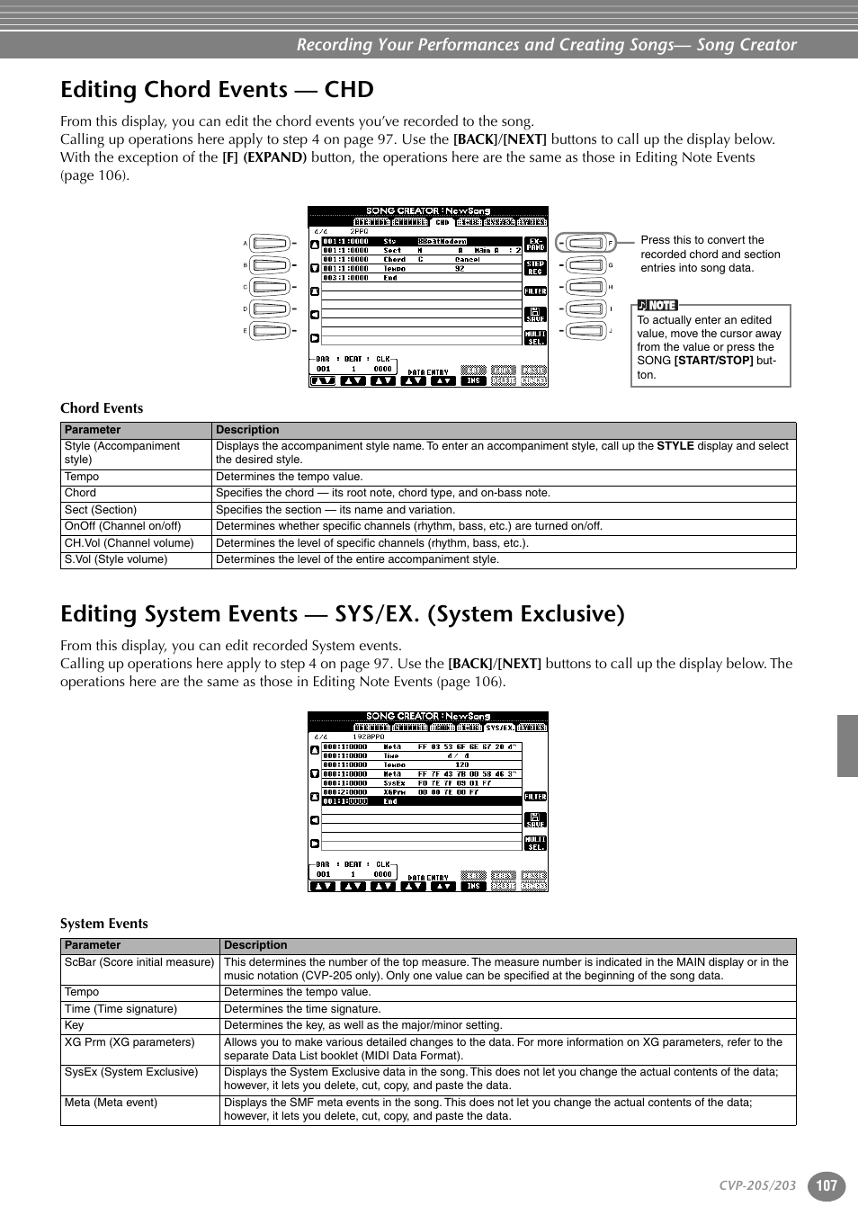 Editing chord events — chd, Editing system events — sys/ex. (system exclusive) | Yamaha 205M  EN User Manual | Page 107 / 170