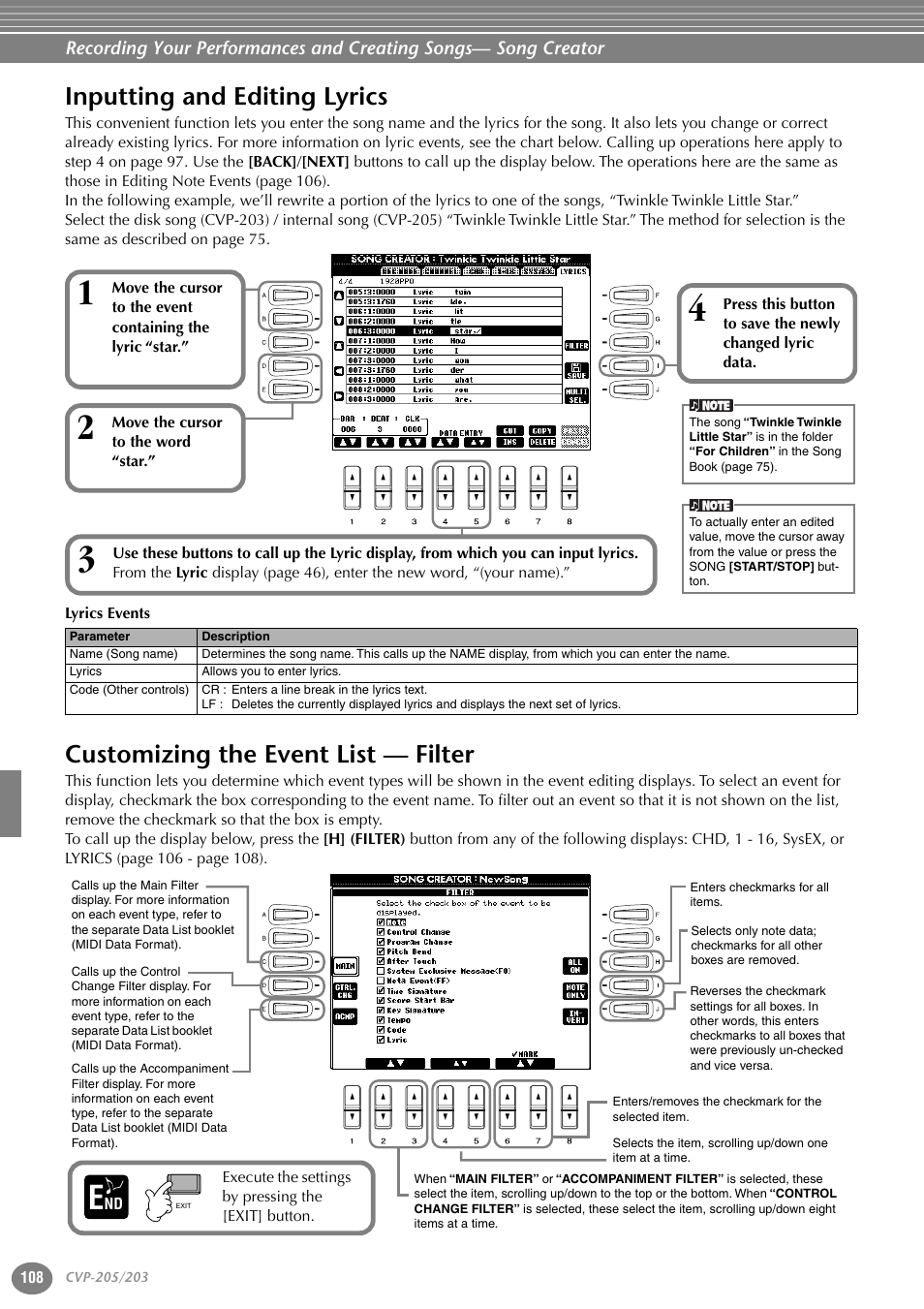 Inputting and editing lyrics, Customizing the event list — filter | Yamaha 205M  EN User Manual | Page 108 / 170