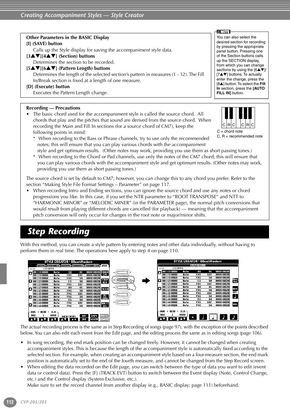 Step recording, Creating accompaniment styles — style creator | Yamaha 205M  EN User Manual | Page 112 / 170