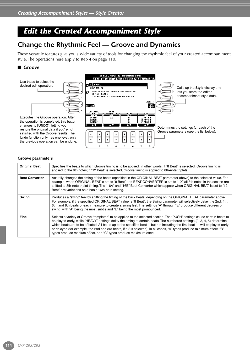 Edit the created accompaniment style, Change the rhythmic feel — groove and dynamics, Groove | Creating accompaniment styles — style creator | Yamaha 205M  EN User Manual | Page 114 / 170