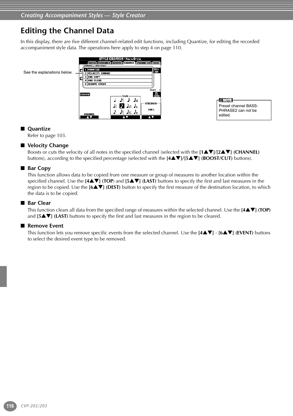 Editing the channel data, Quantize, Velocity change | Bar copy, Bar clear, Remove event | Yamaha 205M  EN User Manual | Page 116 / 170