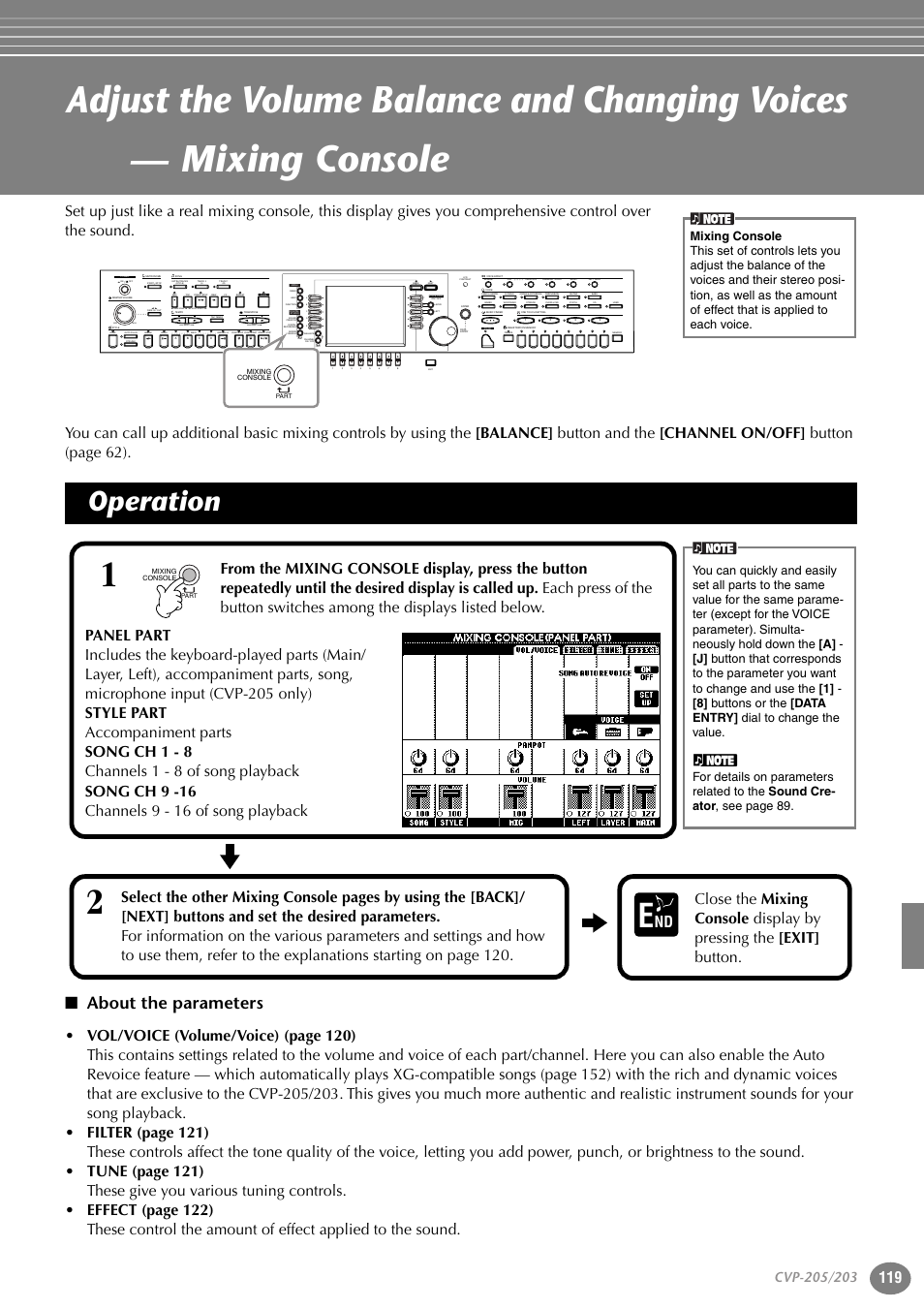 Operation, About the parameters, P. 119 | New song, Sync.start reset, Reset, Ab c d e, Part, Fg h i j | Yamaha 205M  EN User Manual | Page 119 / 170