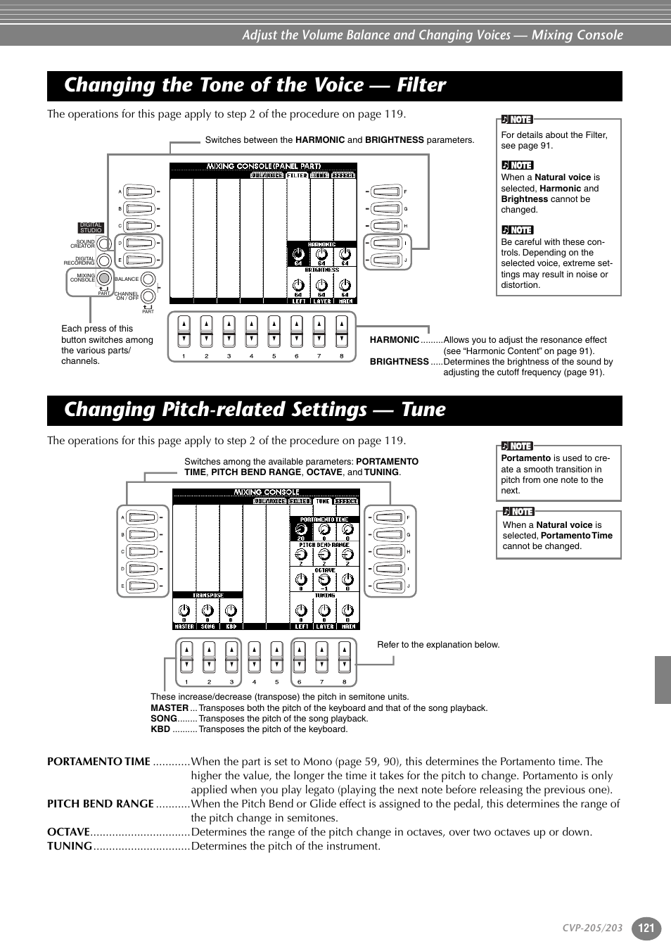 Changing the tone of the voice — filter, Changing pitch-related settings — tune | Yamaha 205M  EN User Manual | Page 121 / 170