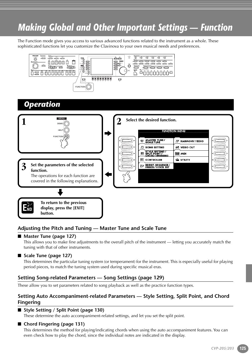 Operation, P. 125, Master t une (page 127) | Scale t une (page 127), Style setting / split point (page 130), Chord fingering (page 131), Select the desired function, New song, Sync.start reset, Reset | Yamaha 205M  EN User Manual | Page 125 / 170