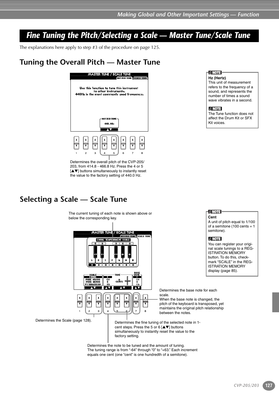 Tuning the overall pitch — master tune, Selecting a scale — scale tune, Fine tuning the pitch/selecting a scale | Master tune/scale tune | Yamaha 205M  EN User Manual | Page 127 / 170