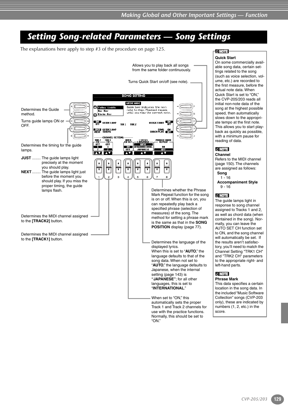 Setting song-related parameters — song settings, Setting song-related parameters, Song settings | Yamaha 205M  EN User Manual | Page 129 / 170