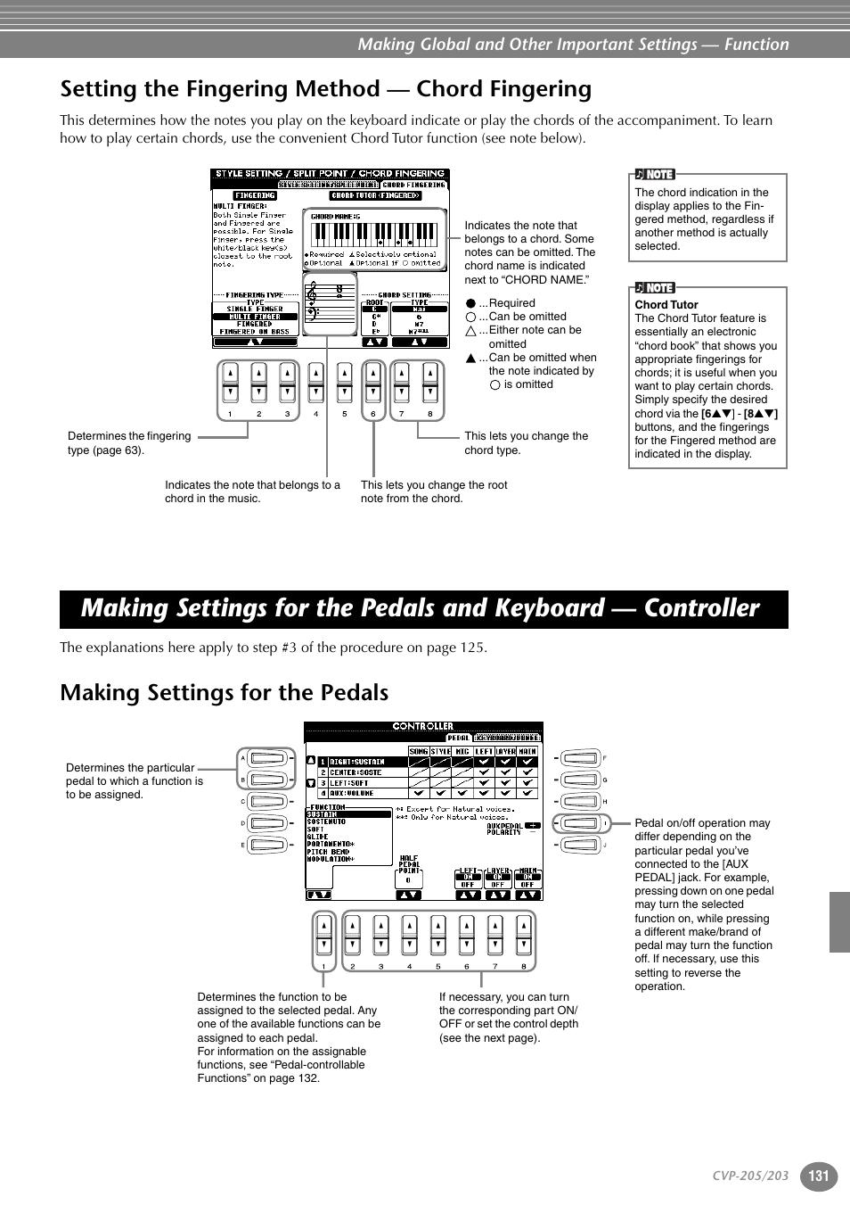 Setting the fingering method — chord fingering, Making settings for the pedals, Making settings for the pedals and keyboard | Controller | Yamaha 205M  EN User Manual | Page 131 / 170