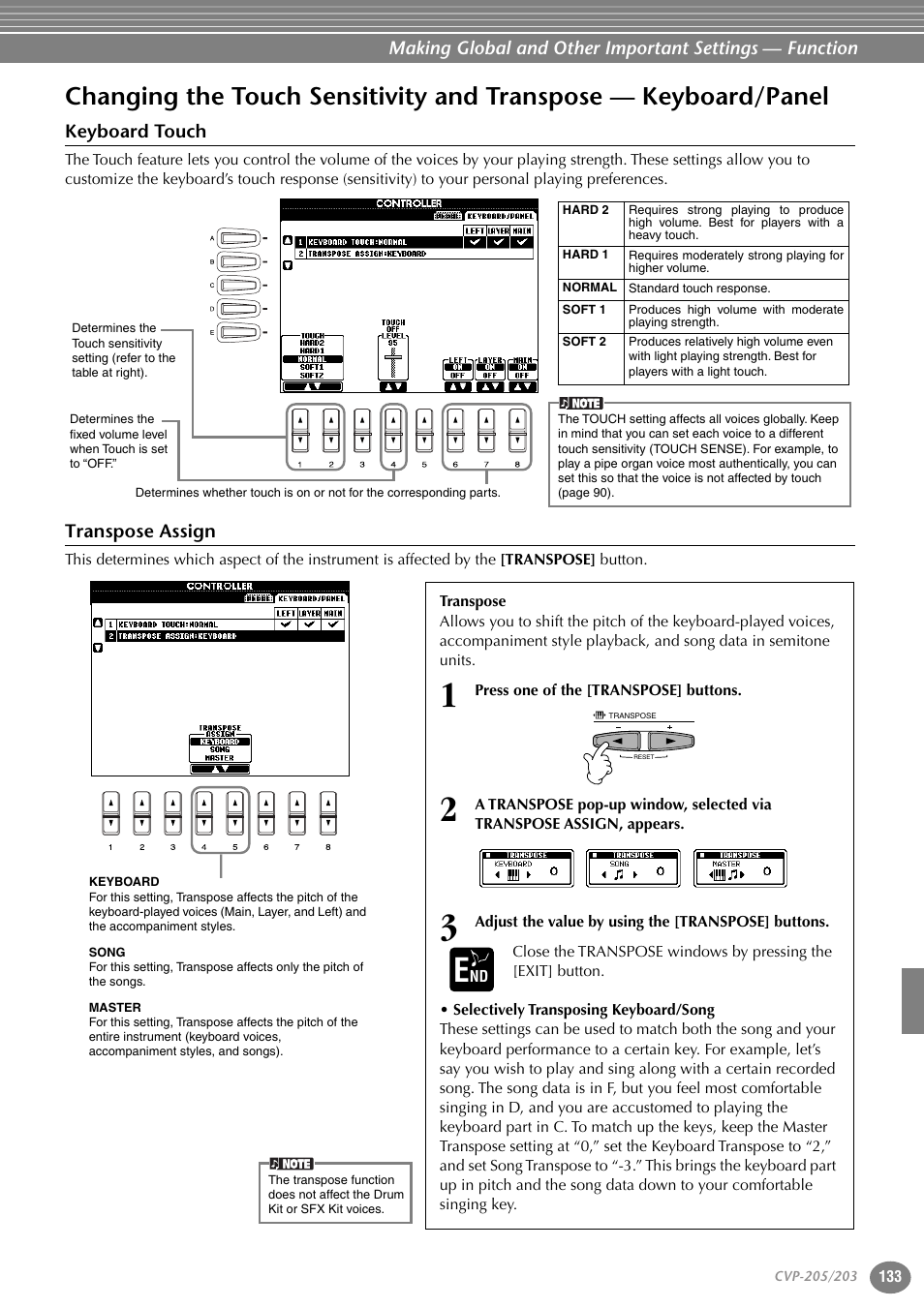 Keyboard touch, Transpose assign, Keyboard/panel | P. 133 | Yamaha 205M  EN User Manual | Page 133 / 170