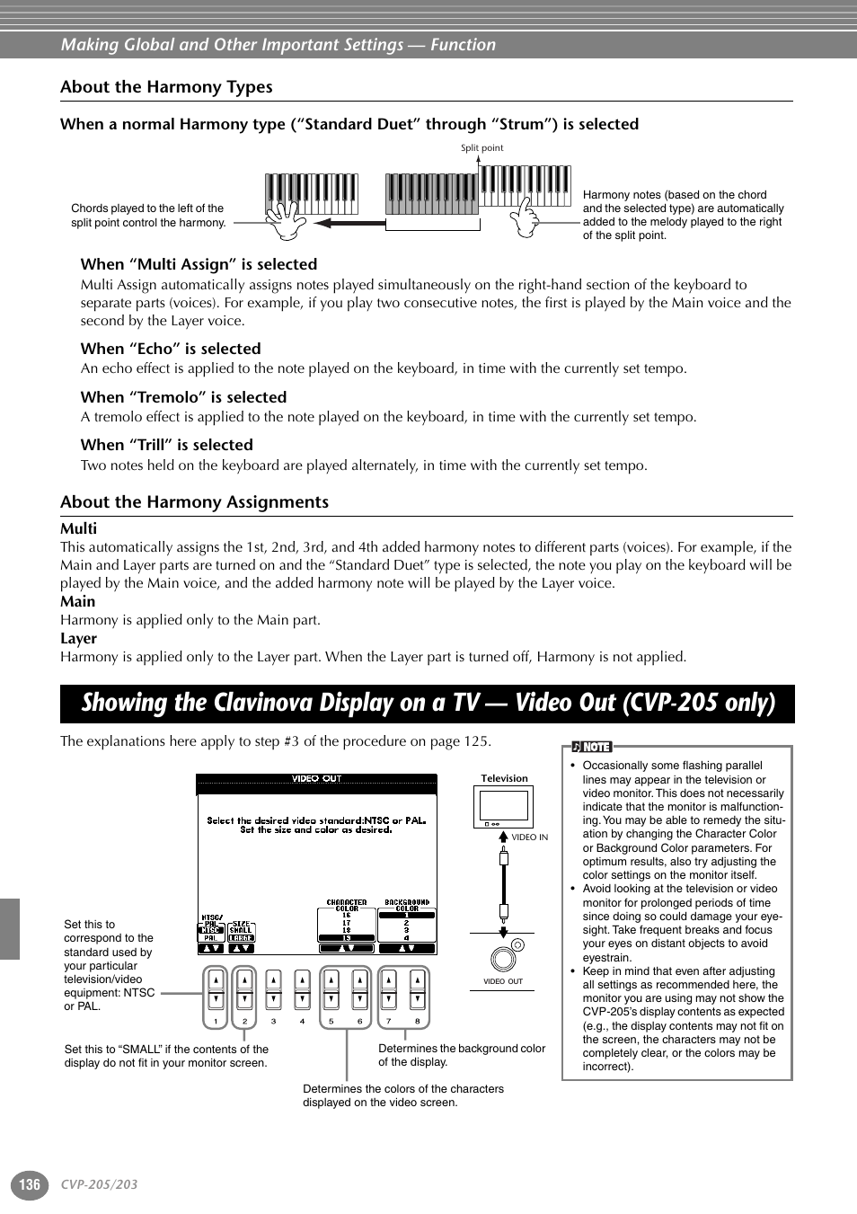 About the harmony types, When “multi assign” is selected, When “echo” is selected | When “tremolo” is selected, When “trill” is selected, About the harmony assignments, Showing the clavinova display on a tv, Video out (cvp-205 only) | Yamaha 205M  EN User Manual | Page 136 / 170