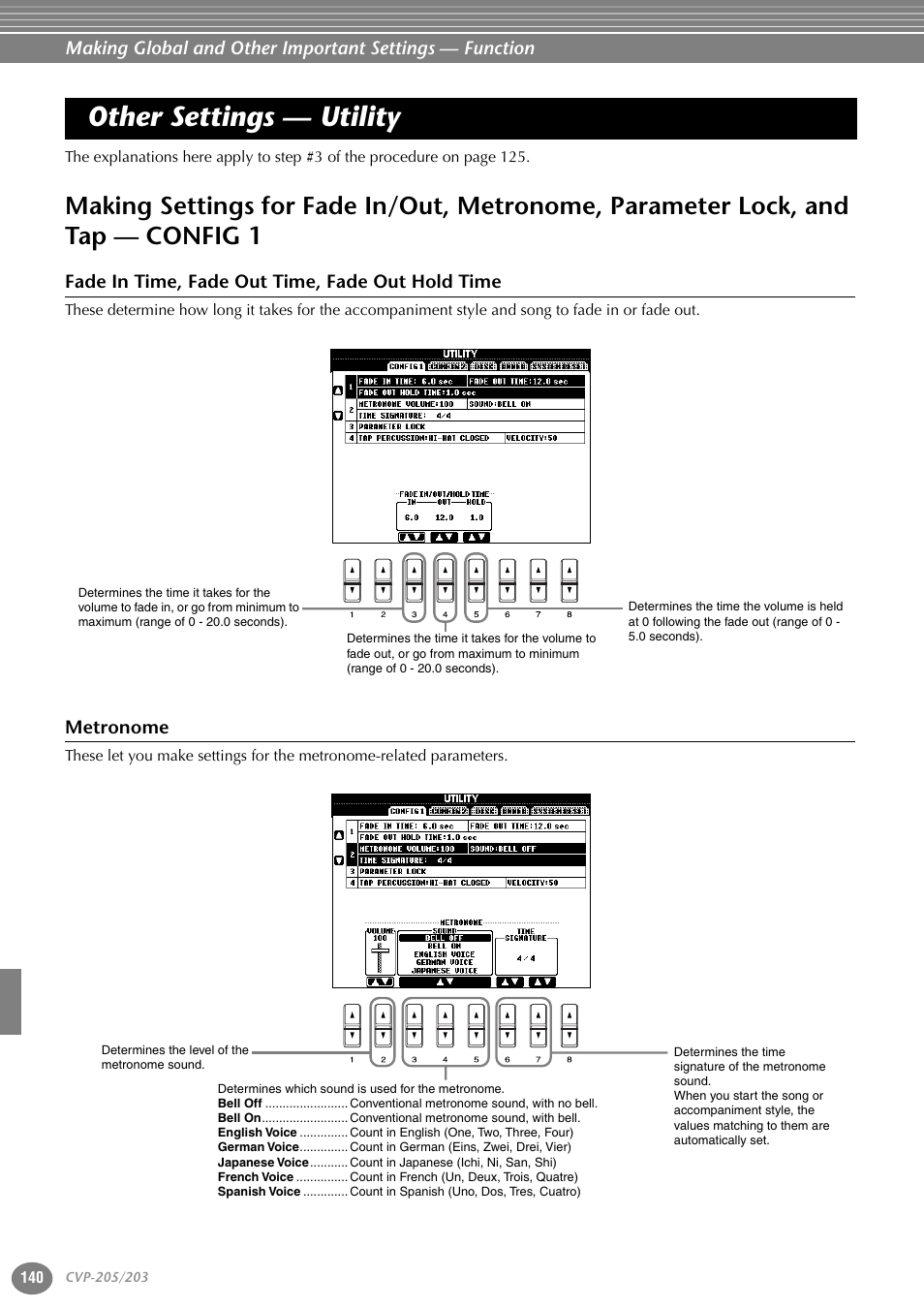 Other settings — utility, Fade in time, fade out time, fade out hold time, Metronome | Making settings for fade in/out, metronome, Parameter lock, and tap — config 1 | Yamaha 205M  EN User Manual | Page 140 / 170