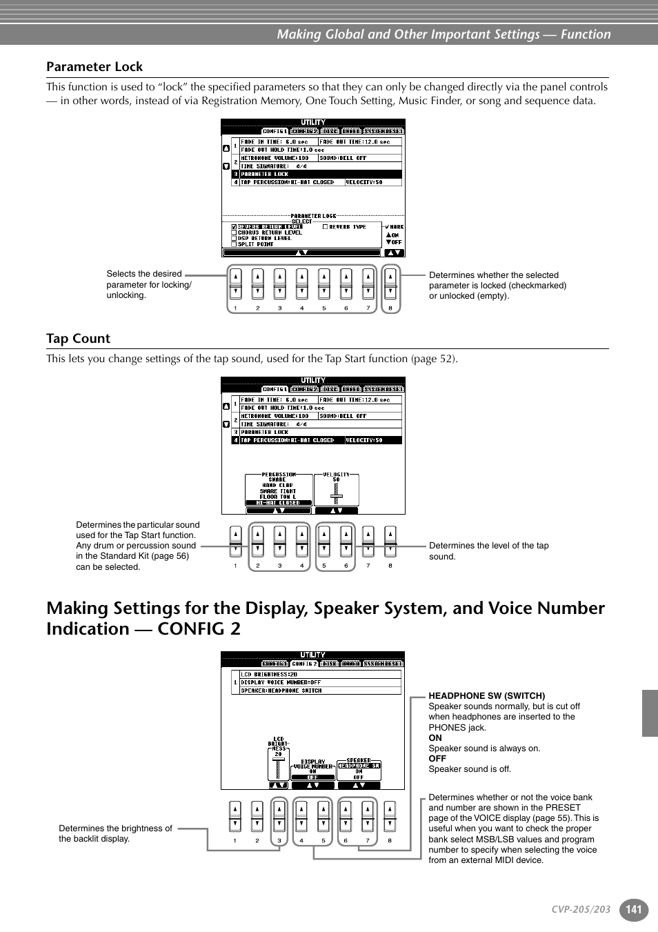 Parameter lock, Tap count, Making settings for the display, speaker system | And voice number indication — config 2 | Yamaha 205M  EN User Manual | Page 141 / 170