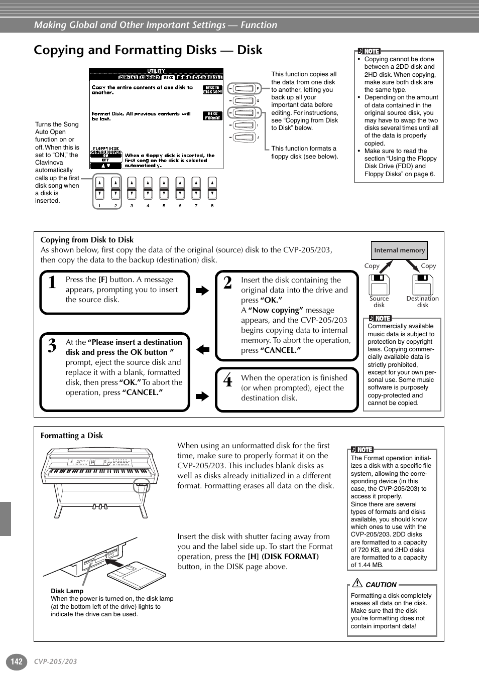 Copying and formatting disks — disk | Yamaha 205M  EN User Manual | Page 142 / 170