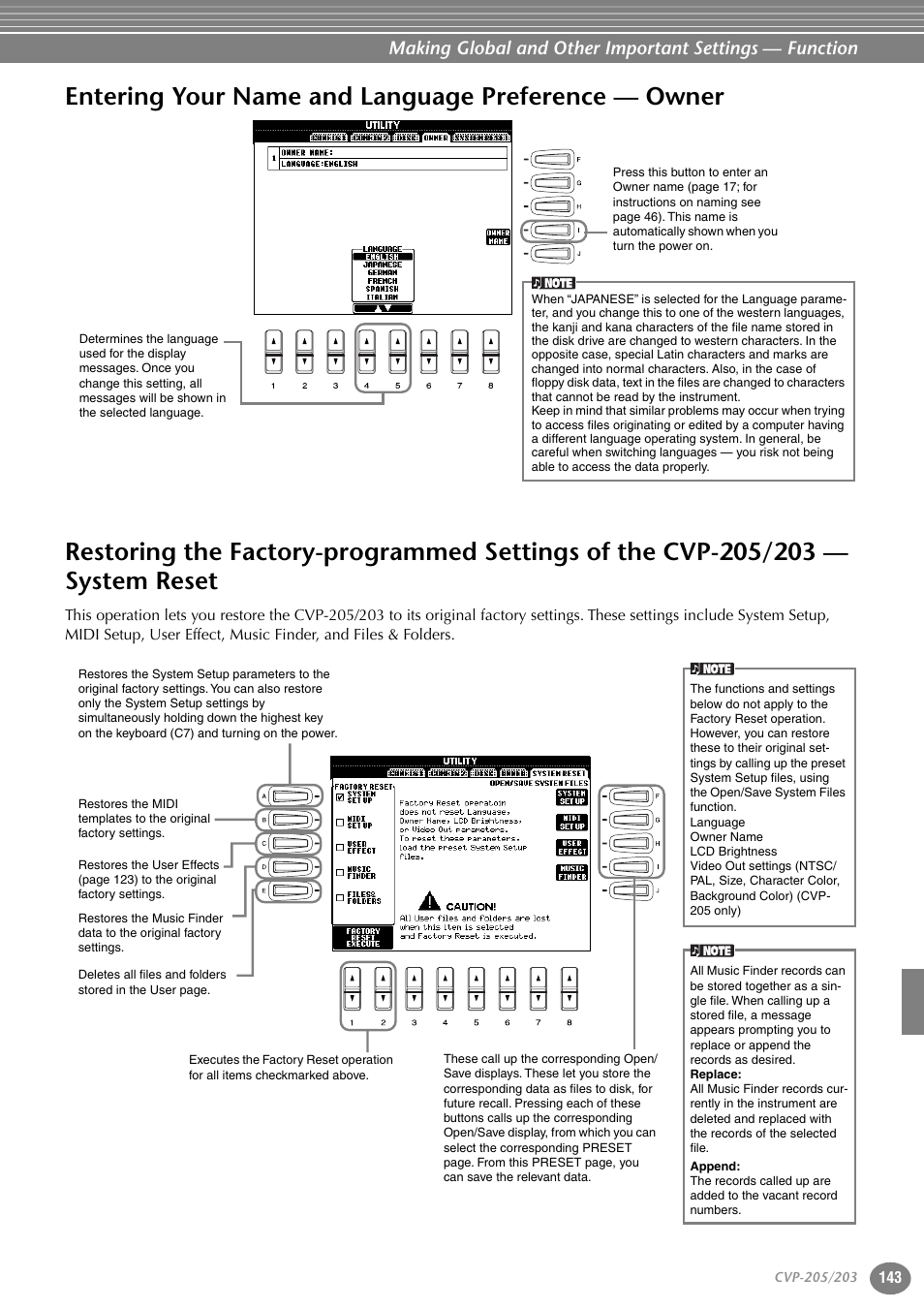 Entering your name and language preference — owner, Entering your name and language preference, Owner | Restoring the factory-programmed settings of the, Cvp-205/203 — system reset | Yamaha 205M  EN User Manual | Page 143 / 170