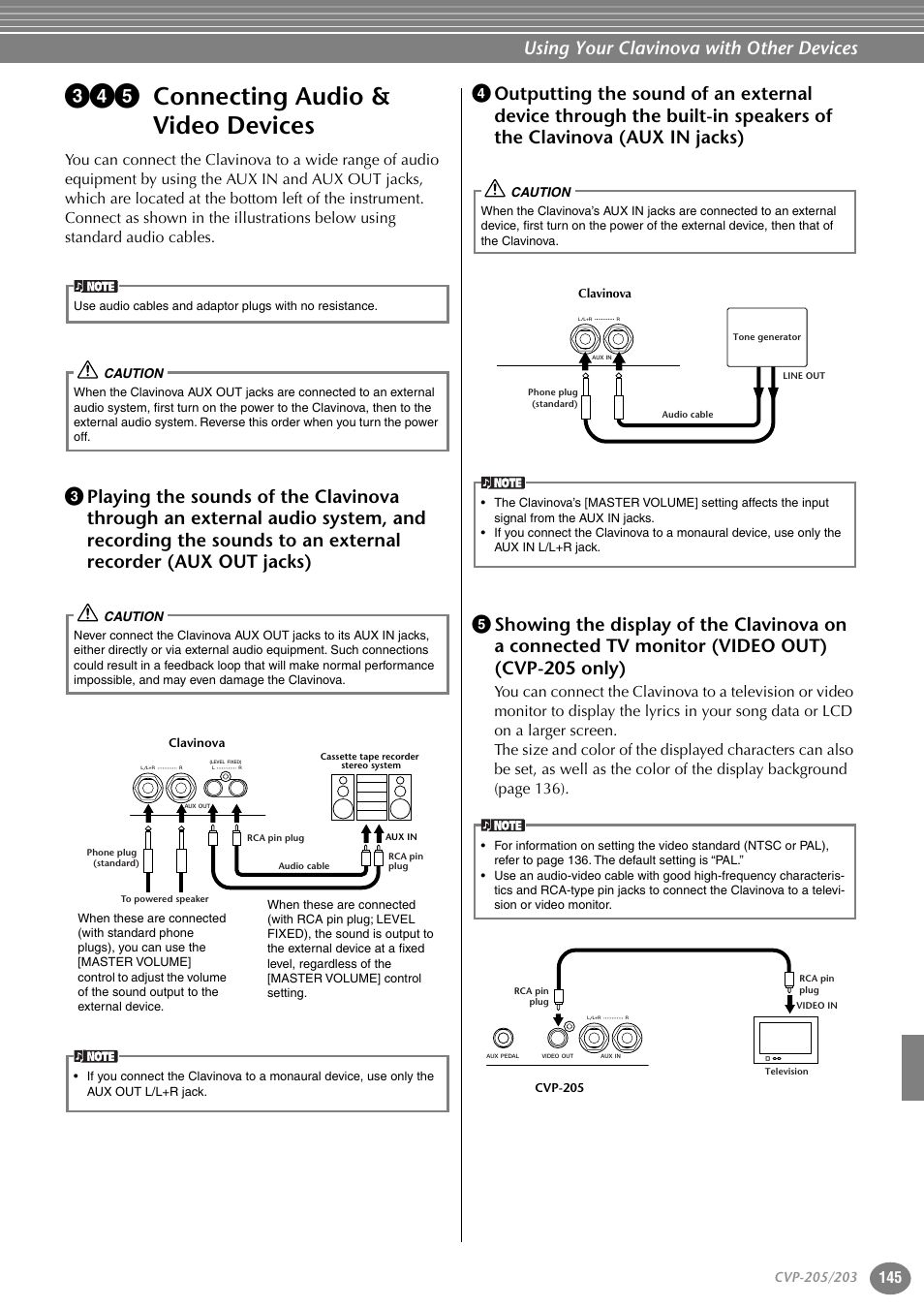 345 connecting audio & video devices, Connecting audio & video devices, Outputting the sound of an external device | P. 145, P.145, Using your clavinova with other devices | Yamaha 205M  EN User Manual | Page 145 / 170