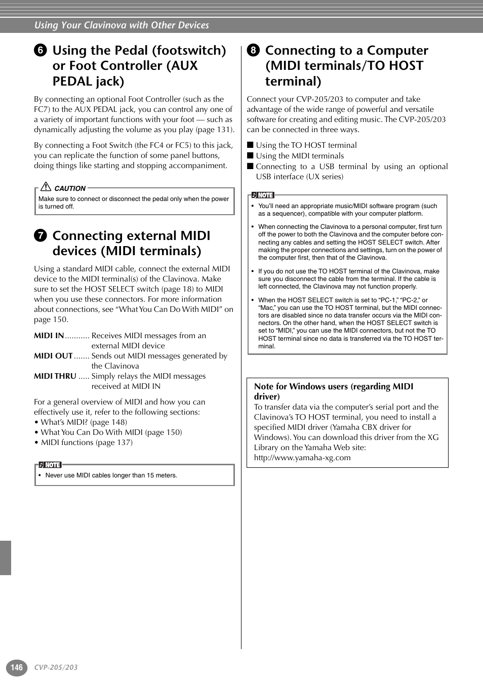 Using the pedal (footswitch) or foot controller, Aux pedal jack), Connecting external midi devices | Midi terminals), Connecting to a computer, Midi terminals/to host terminal), P. 146, P.146 | Yamaha 205M  EN User Manual | Page 146 / 170