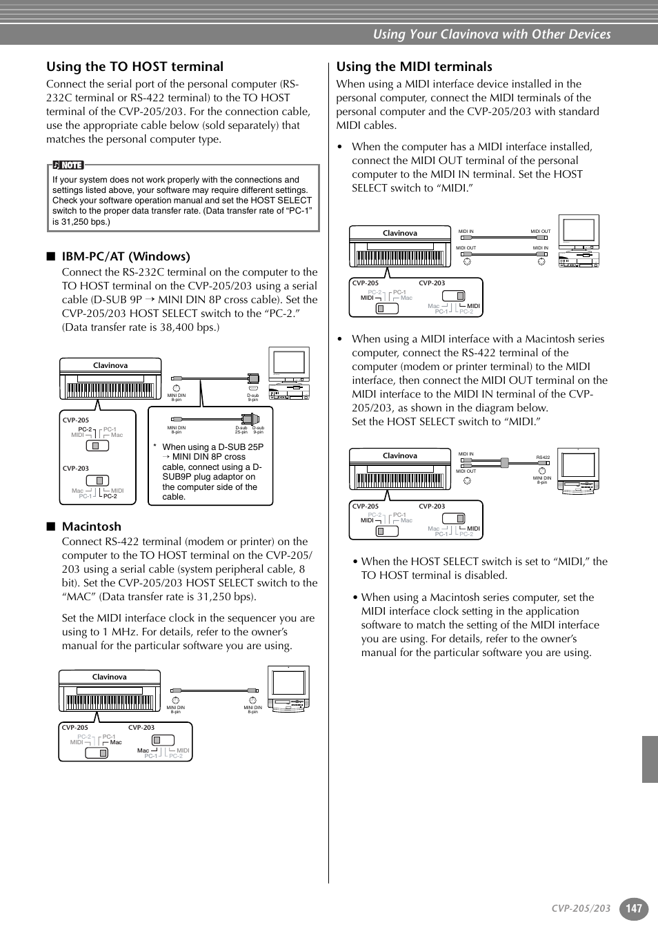 Using the to host terminal, Ibm-pc/at (windows), Macintosh | Using the midi terminals, P. 147, Using your clavinova with other devices, Nec pc-9821 as nec multisync | Yamaha 205M  EN User Manual | Page 147 / 170