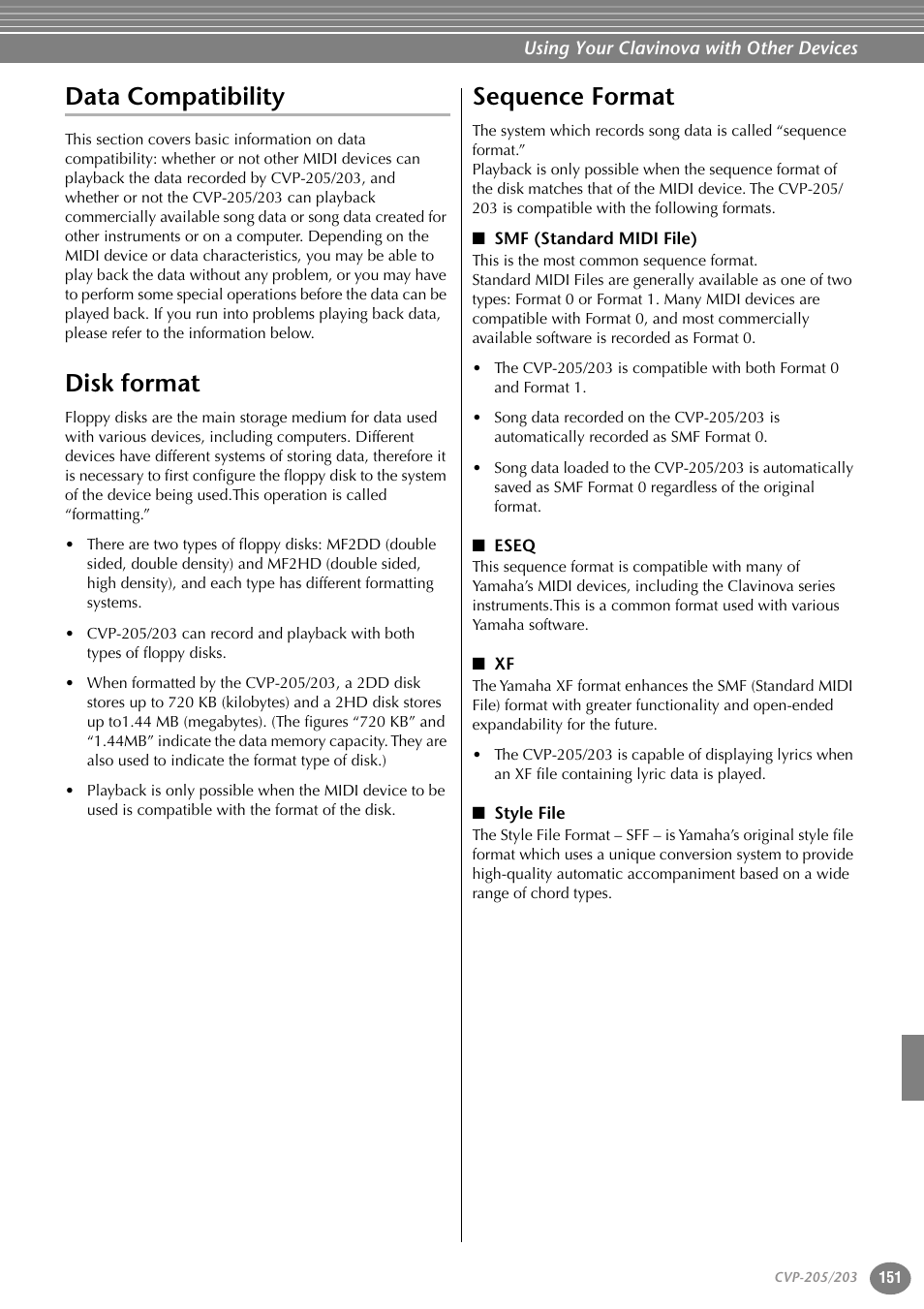 Data compatibility, Disk format, Sequence format | Smf (standard midi file), Eseq, Style file, Disk format sequence format | Yamaha 205M  EN User Manual | Page 151 / 170