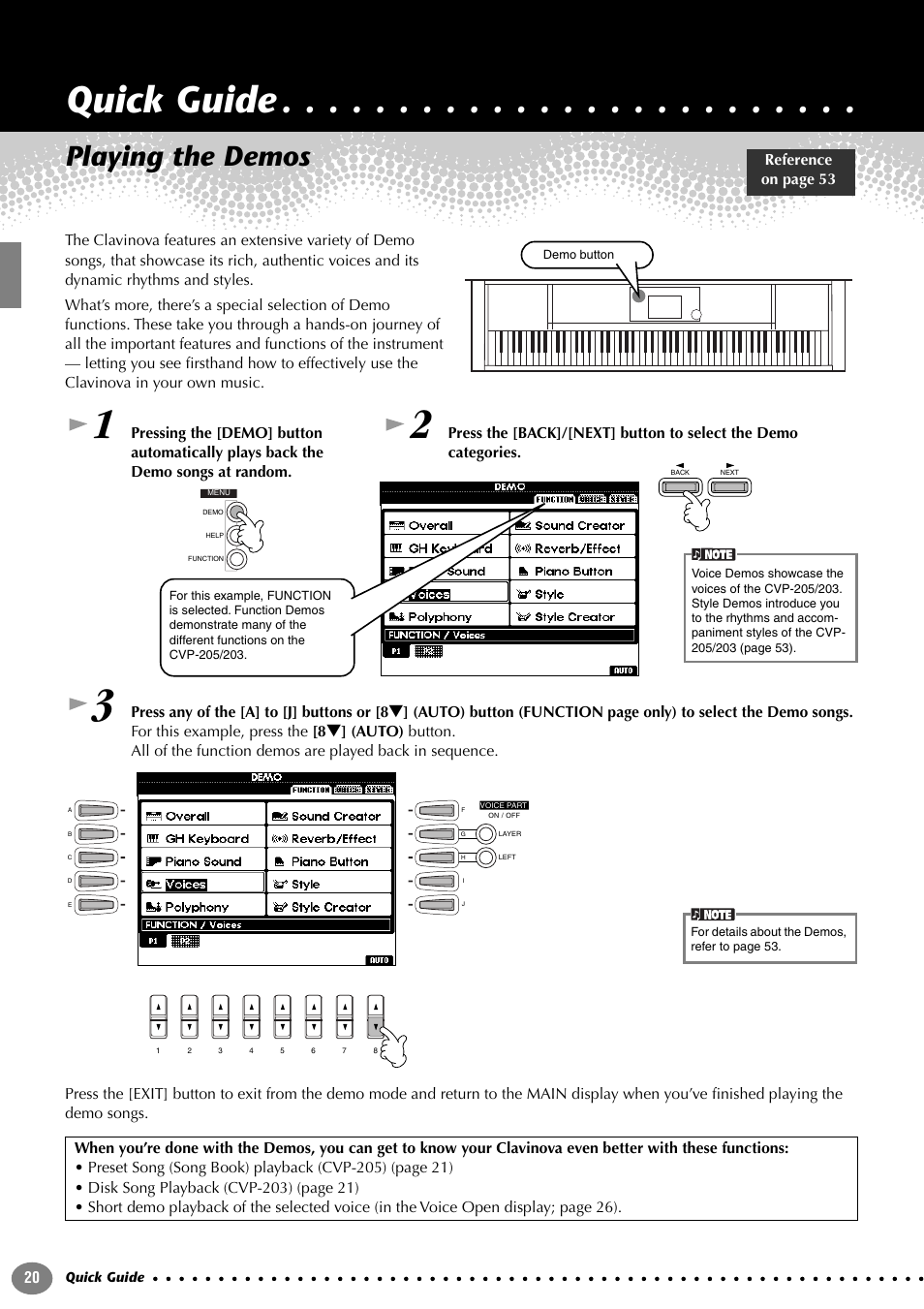 Quick guide, Playing the demos | Yamaha 205M  EN User Manual | Page 20 / 170