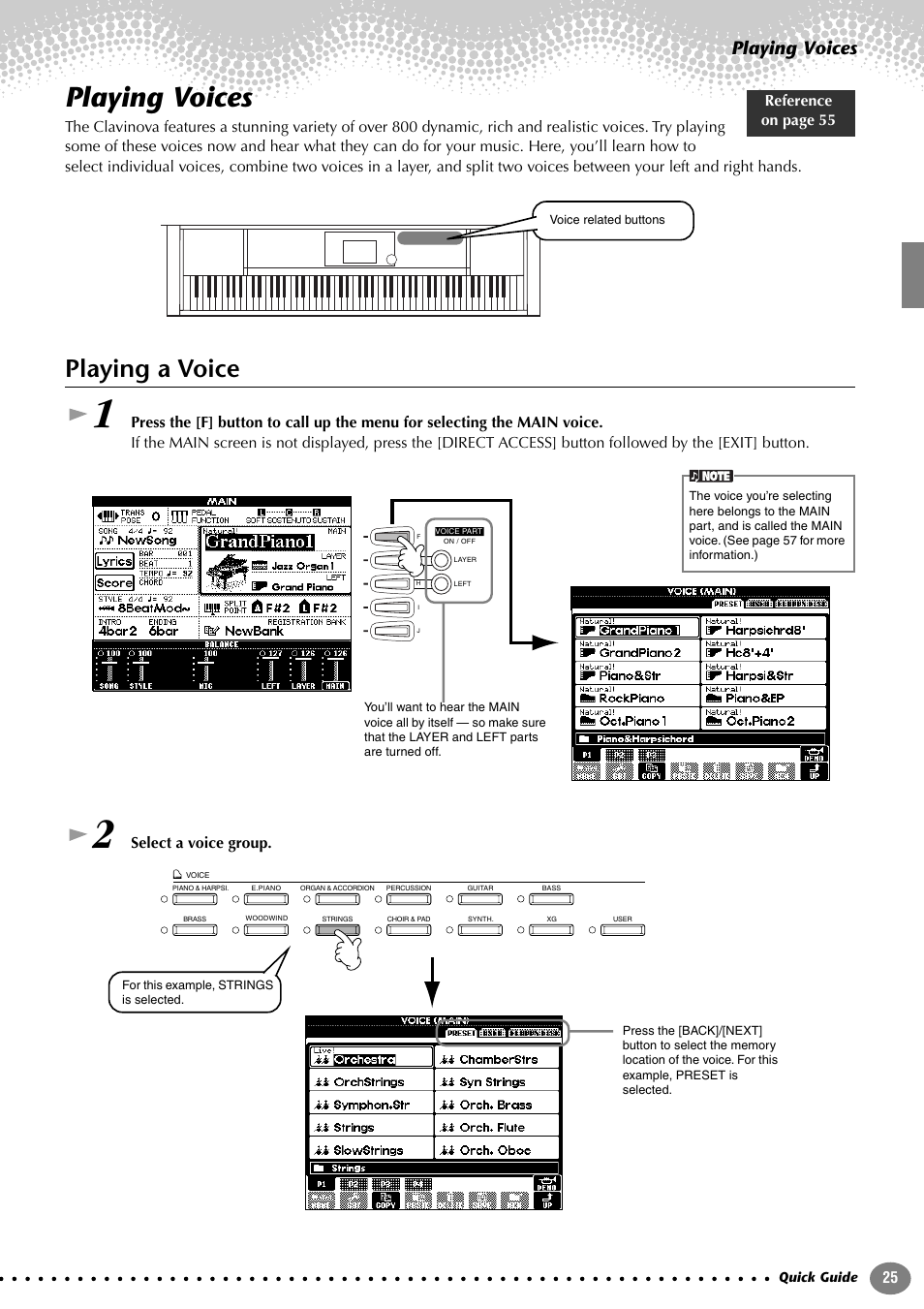 Playing voices, Playing a voice, Select a voice group. reference on page 55 | Yamaha 205M  EN User Manual | Page 25 / 170