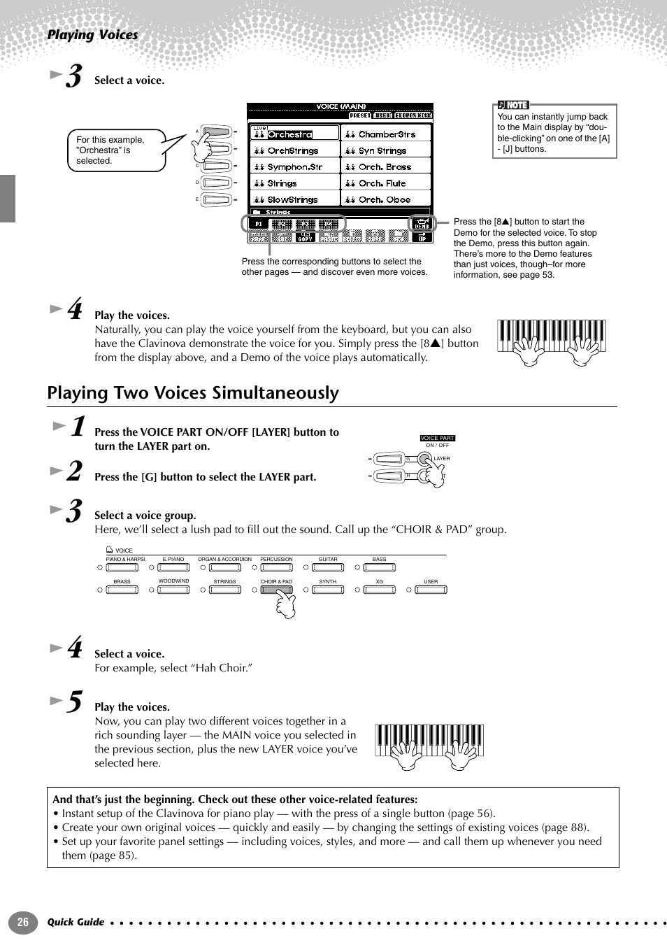 Playing two voices simultaneously, Playing voices | Yamaha 205M  EN User Manual | Page 26 / 170