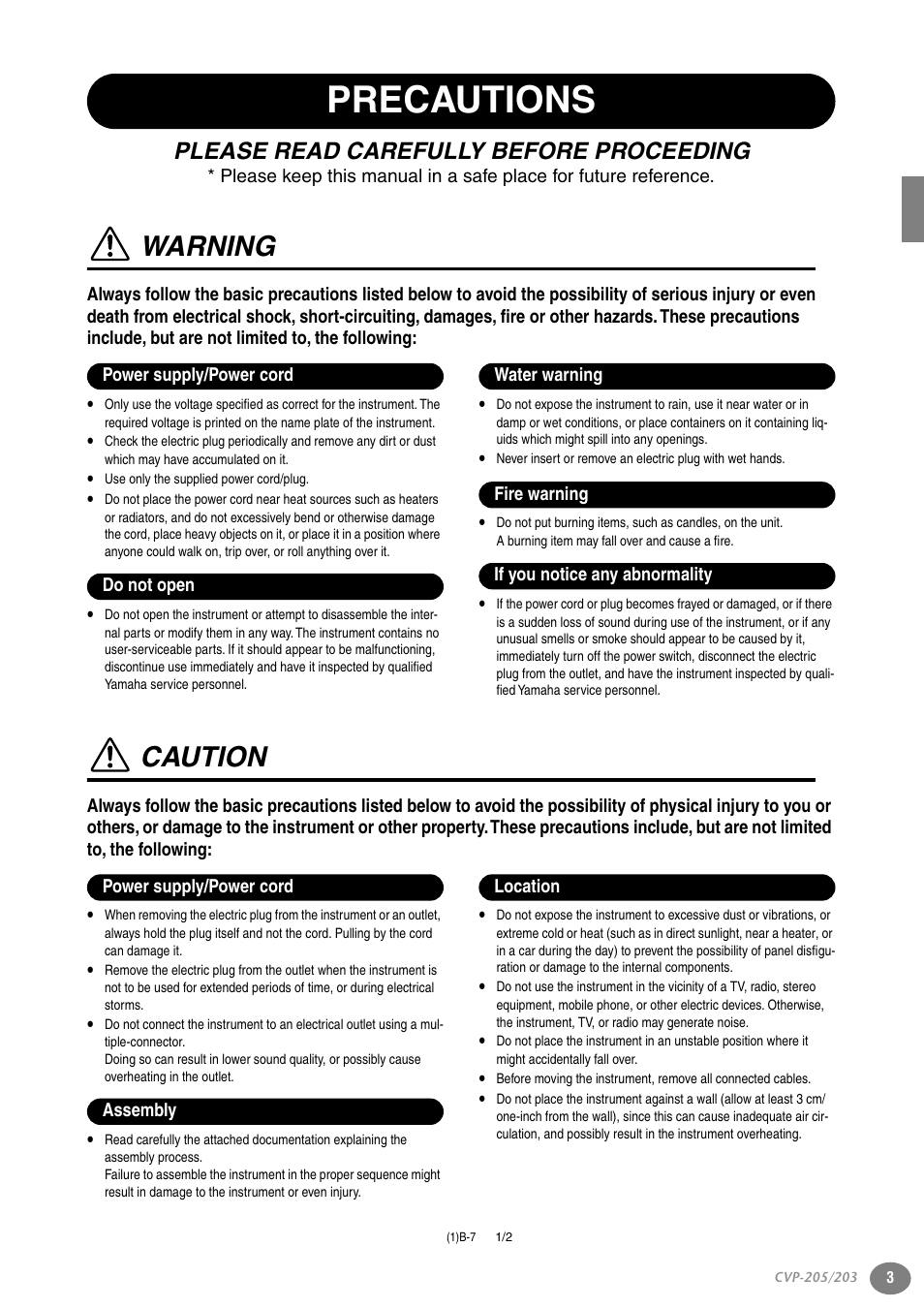 Precautions, Warning, Caution | Please read carefully before proceeding | Yamaha 205M  EN User Manual | Page 3 / 170