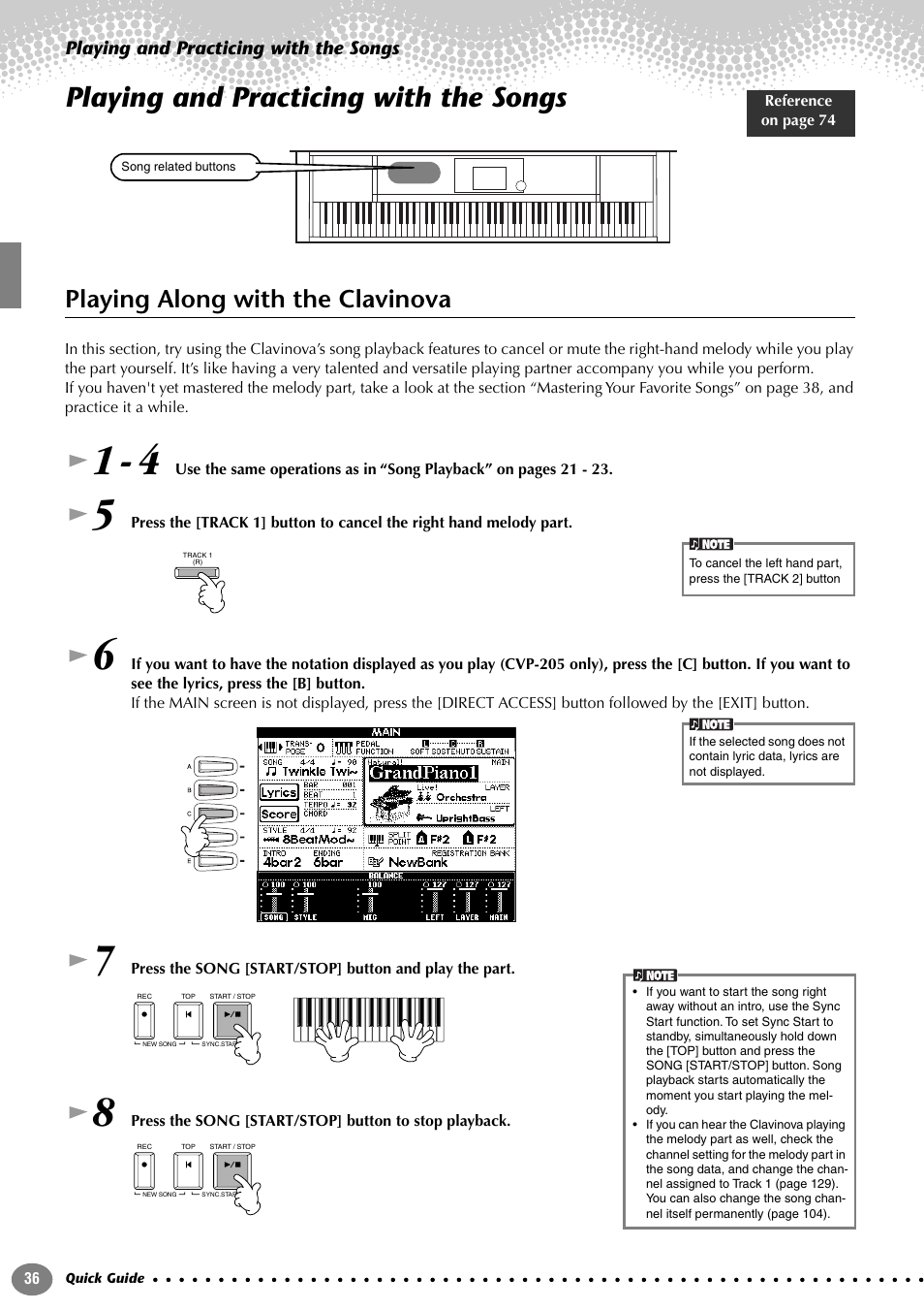 Playing and practicing with the songs, Playing along with the clavinova | Yamaha 205M  EN User Manual | Page 36 / 170