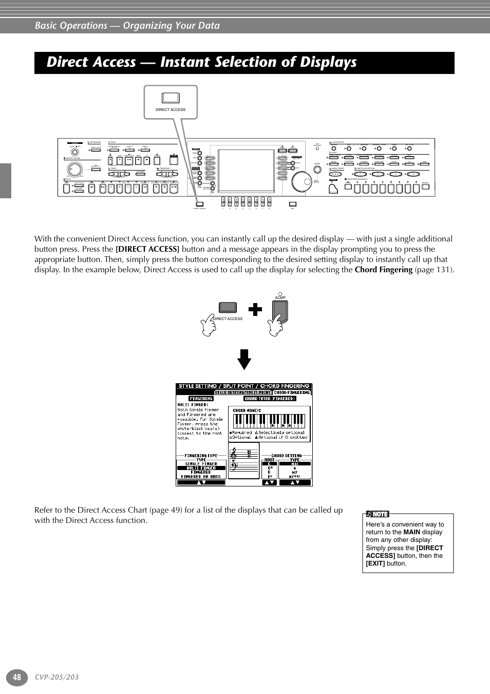 Direct access — instant selection of displays, P. 48, Basic operations — organizing your data | Direct access acmp direct access | Yamaha 205M  EN User Manual | Page 48 / 170