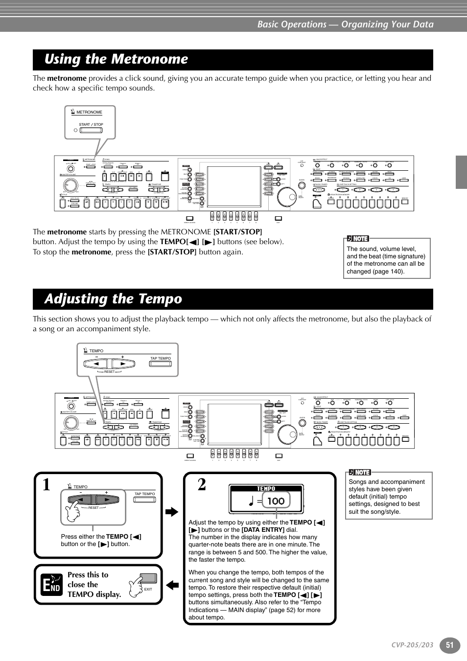 Using the metronome, Adjusting the tempo, Using the metronome adjusting the tempo | P. 51, Basic operations — organizing your data, Press this to close the tempo display, Metronome, Tempo | Yamaha 205M  EN User Manual | Page 51 / 170