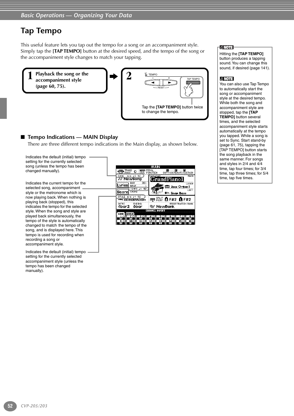 Tap tempo, Tempo indications — main display, P. 52 | Yamaha 205M  EN User Manual | Page 52 / 170