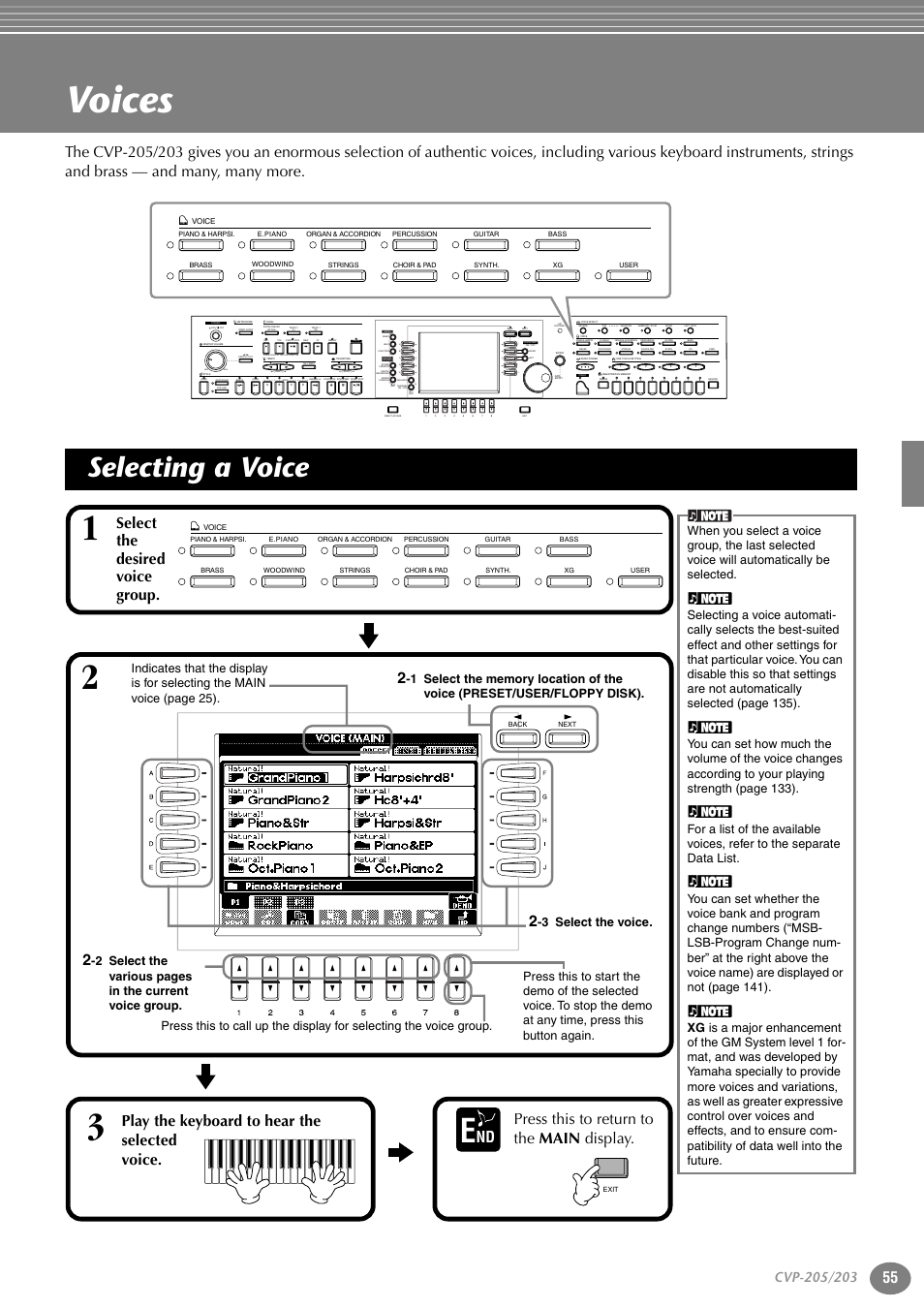 Voices, Selecting a voice, P. 55 | Select the desired voice group. 2, New song, Sync.start reset, Reset, Ab c d e, Part, Fg h i j | Yamaha 205M  EN User Manual | Page 55 / 170