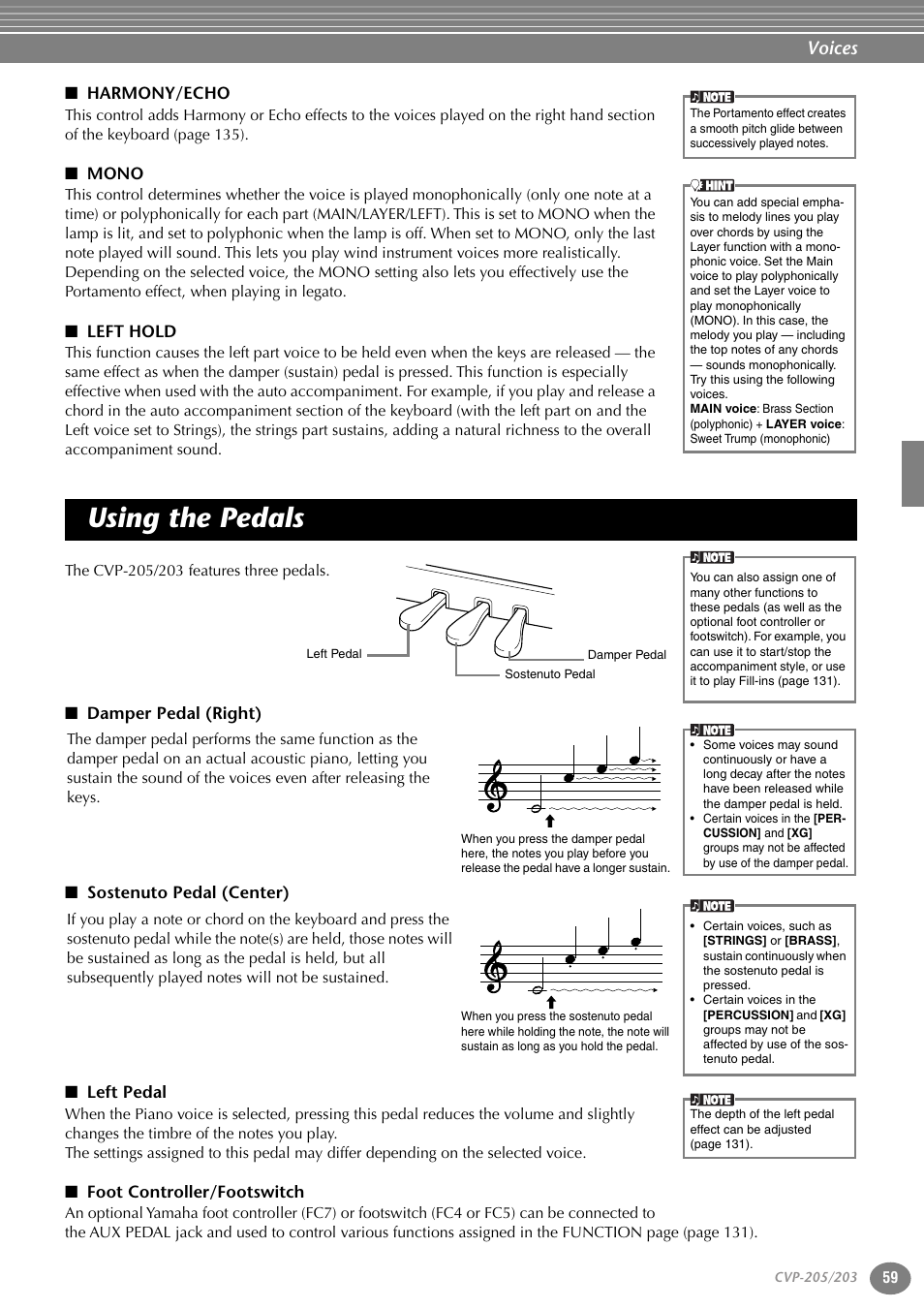 Harmony/echo, Mono, Left hold | Using the pedals, Damper pedal (right), Sostenuto pedal (center), Left pedal, Foot controller/footswitch, P. 59, Voices | Yamaha 205M  EN User Manual | Page 59 / 170